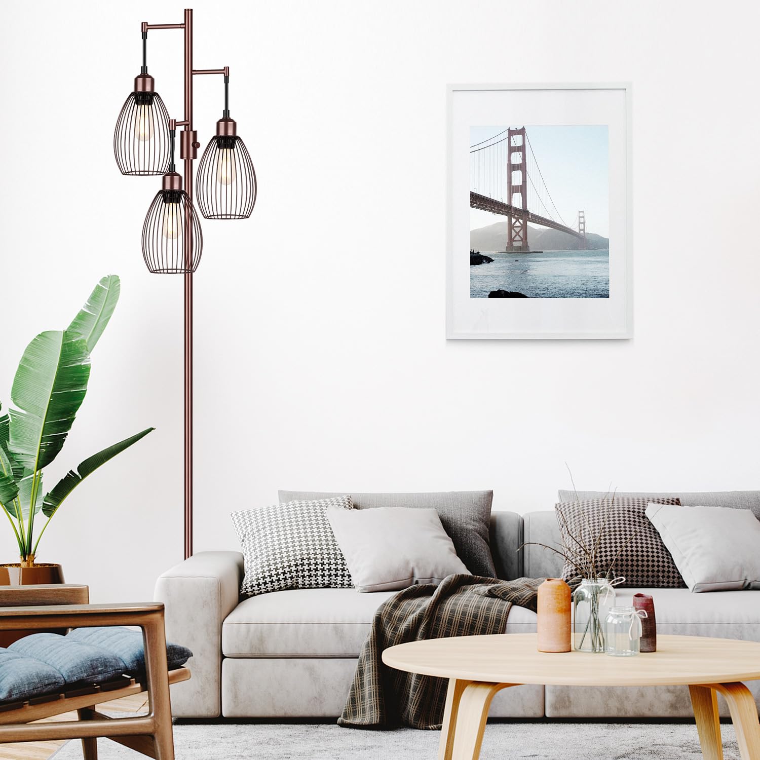 Floor Lamp, 3 x 800LM LED Edison Bulbs Included, Farmhouse Industrial Floor Lamp Standing Lamp with Elegant Teardrop Cage Head Tall Lamp for Living Room Bedroom Office Dining Room - Brown