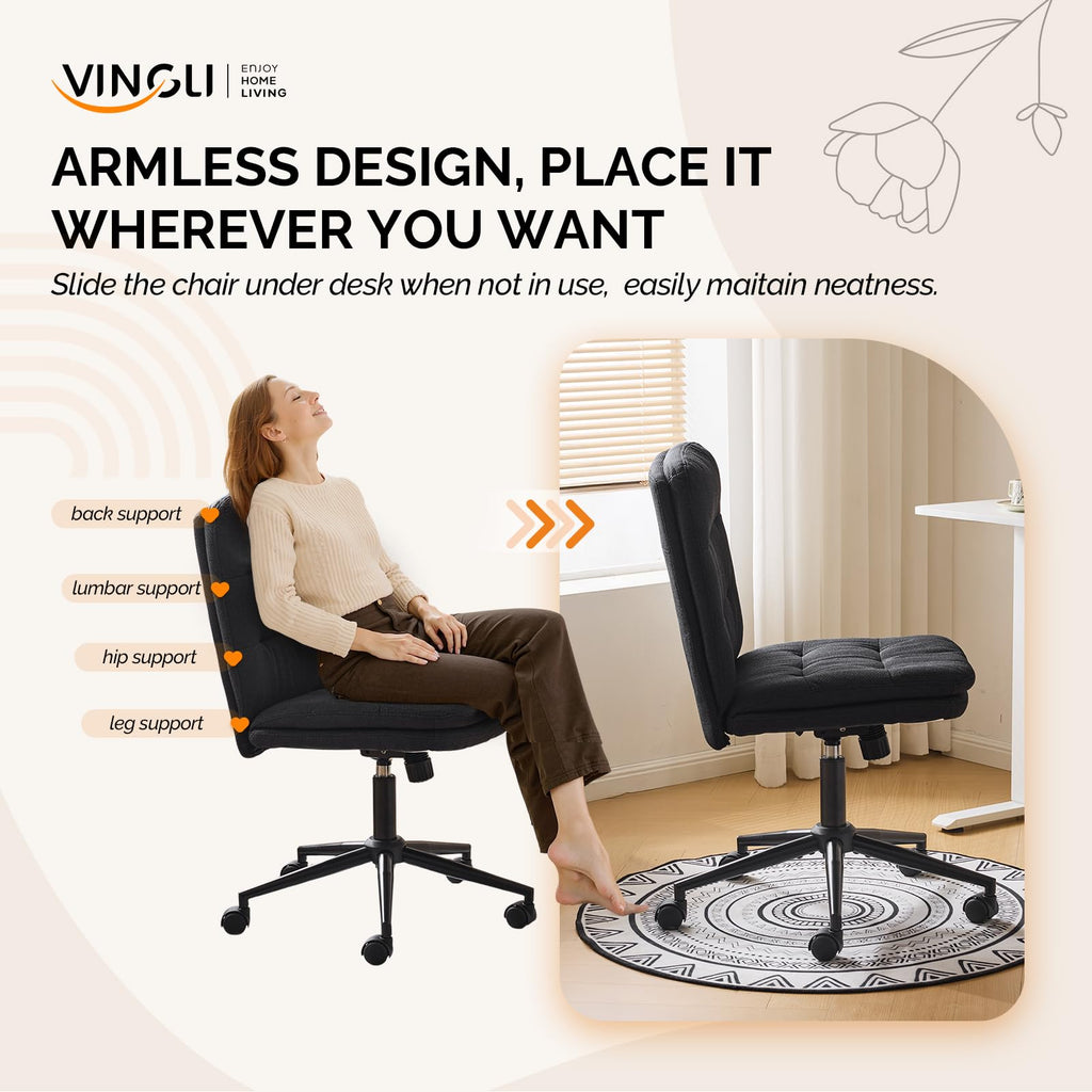 Mid Back Armless Office Desk Chair with Wheels/no Wheels,360°Rocking Swivel Vanity Chair with Thickened Cushion,Adjustable Height Rolling for Reading Room, Make up, Linen Black