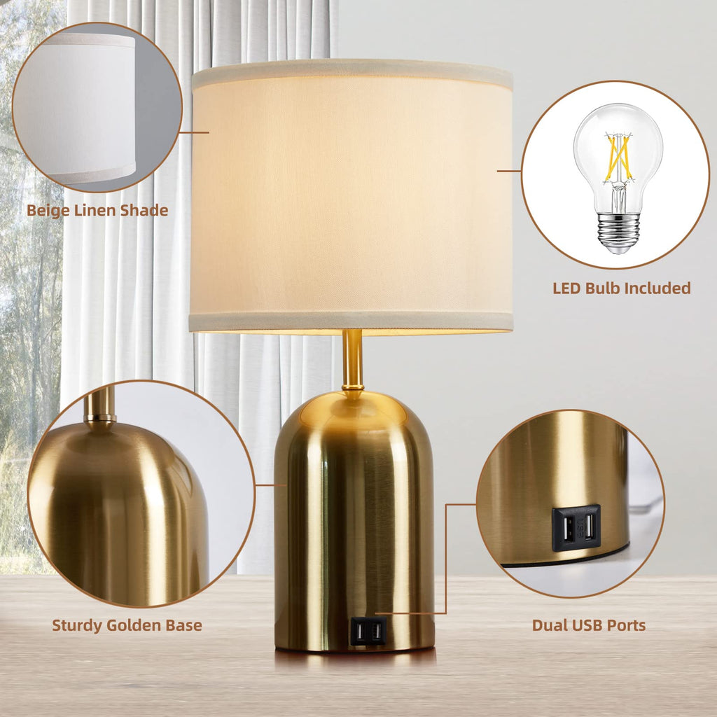 Touch Control Table Lamps Set of 2, Gold Bedside Lamps for Bedroom