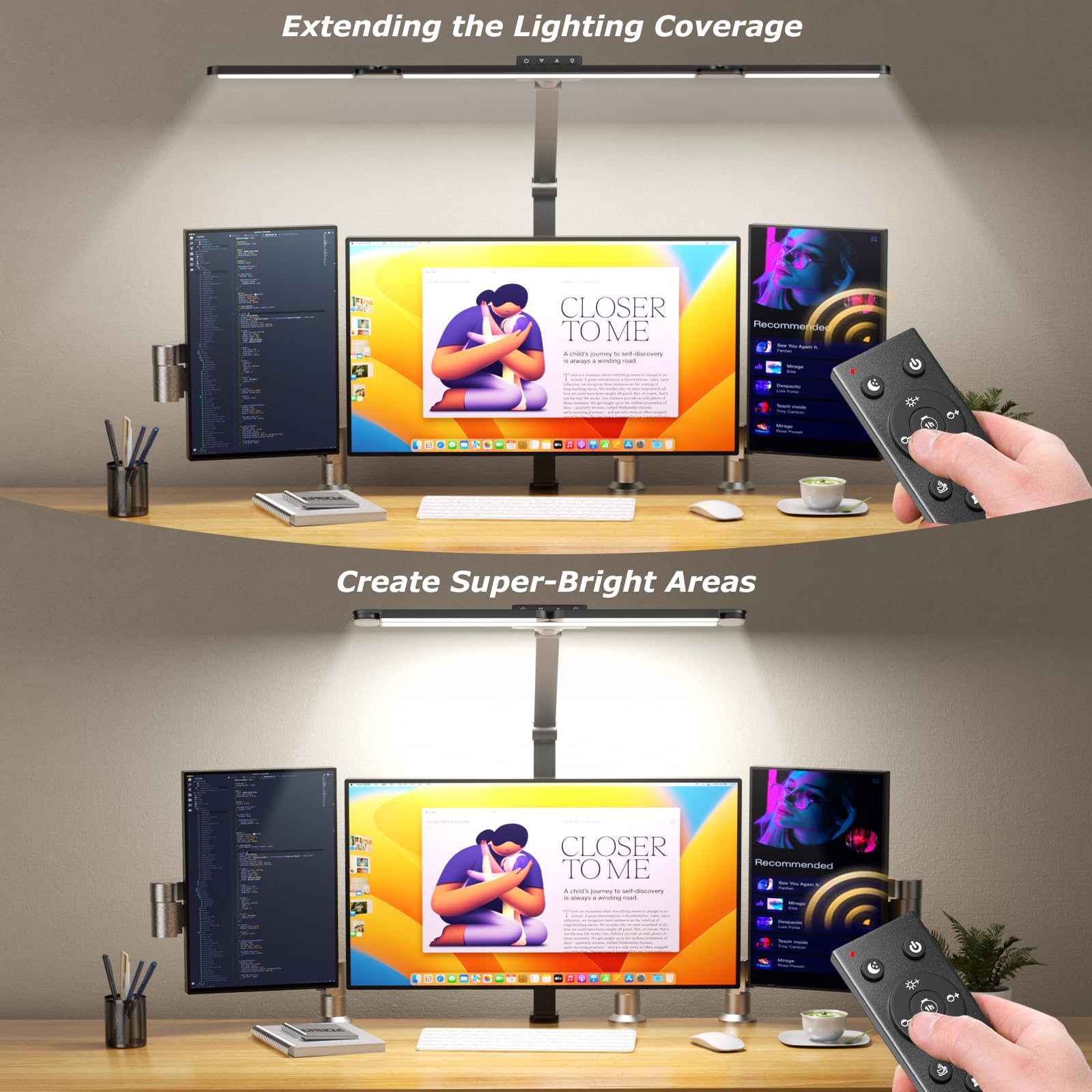 LED Desk Lamp with Clamp, Architect Desk Lamp for Home Office with Remote, 24W Ultra-Bright Desk Light with Stepless Dimming and Stepless Color Temp, Memory Function for Study and Workbench
