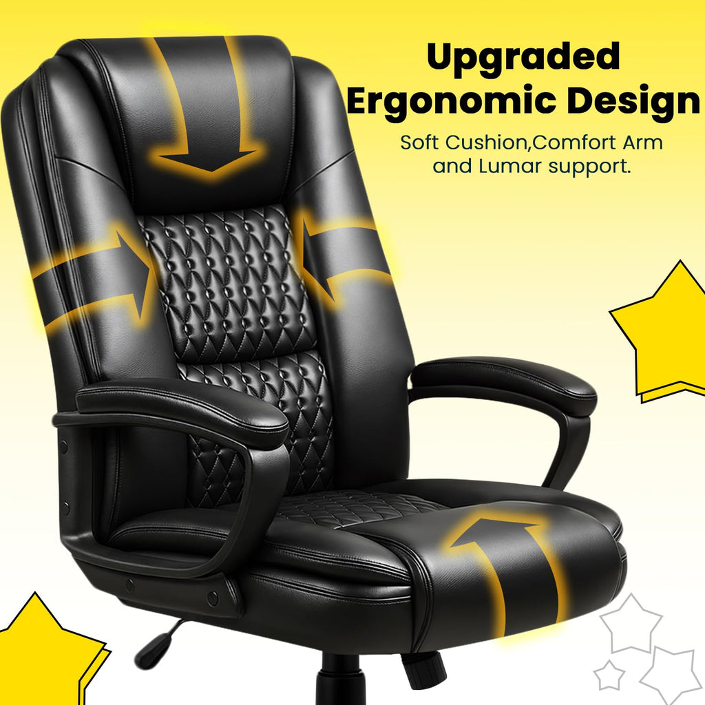 Leather Office Desk Chair,Ergonomic Office Chair with Lumbar Support,Computer Chair,Executive Leather Chair with Padded Flip-up Arm,Adjustable Armrests, Black,275LBS