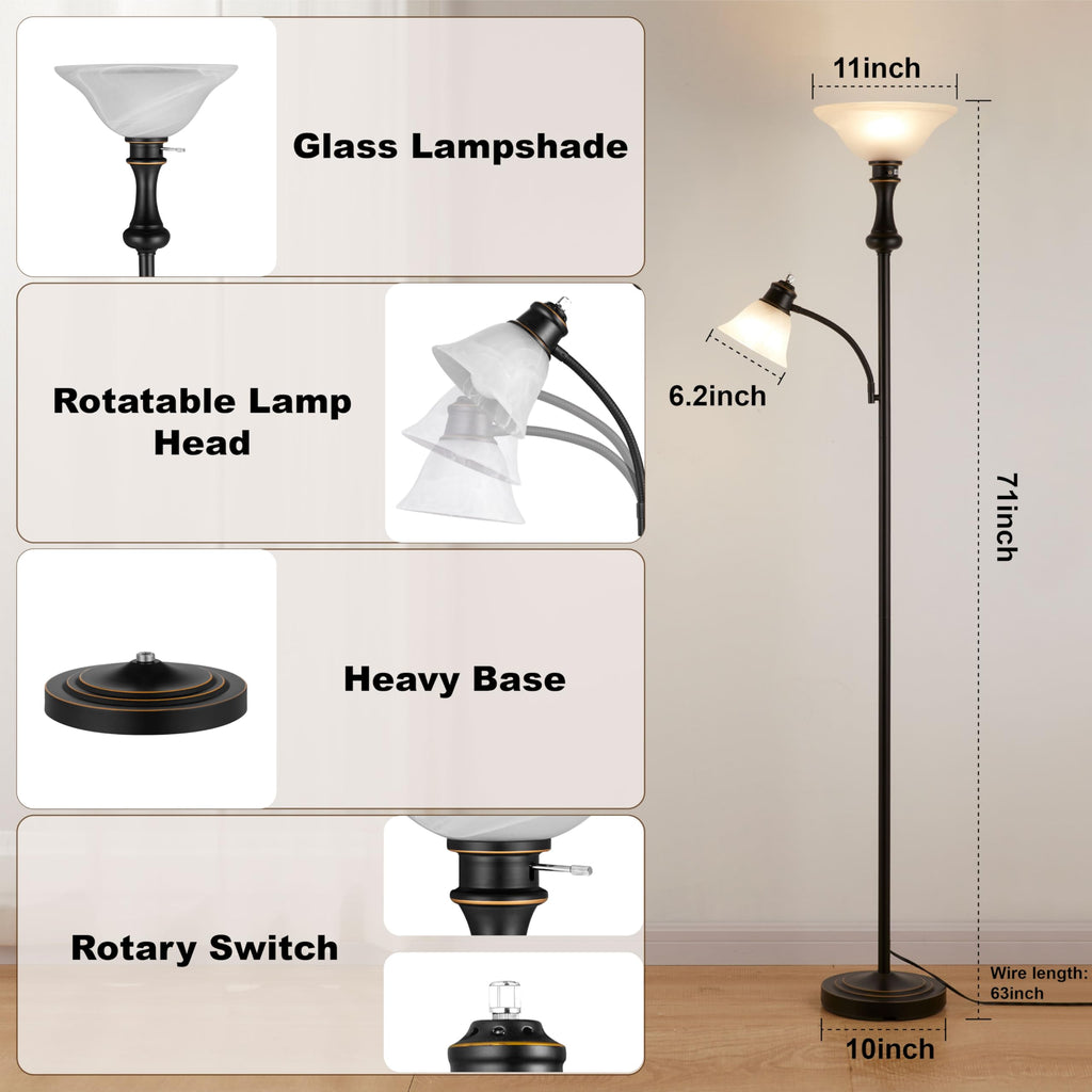 Torchiere Floor Lamp with Adjustable Angle Reading Lamp-Black 71IN