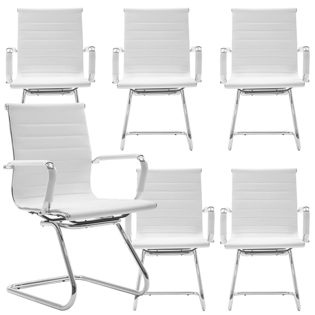 Conference Room Chairs Set of 6, Waiting Room Chairs with Arms, Faux Leather Reception Chairs No Wheels, Office Guest Chairs with Mid Back Support and Chrome Sled Base, White