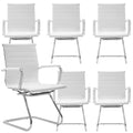 Conference Room Chairs Set of 6, Waiting Room Chairs with Arms, Faux Leather Reception Chairs No Wheels, Office Guest Chairs with Mid Back Support and Chrome Sled Base, White