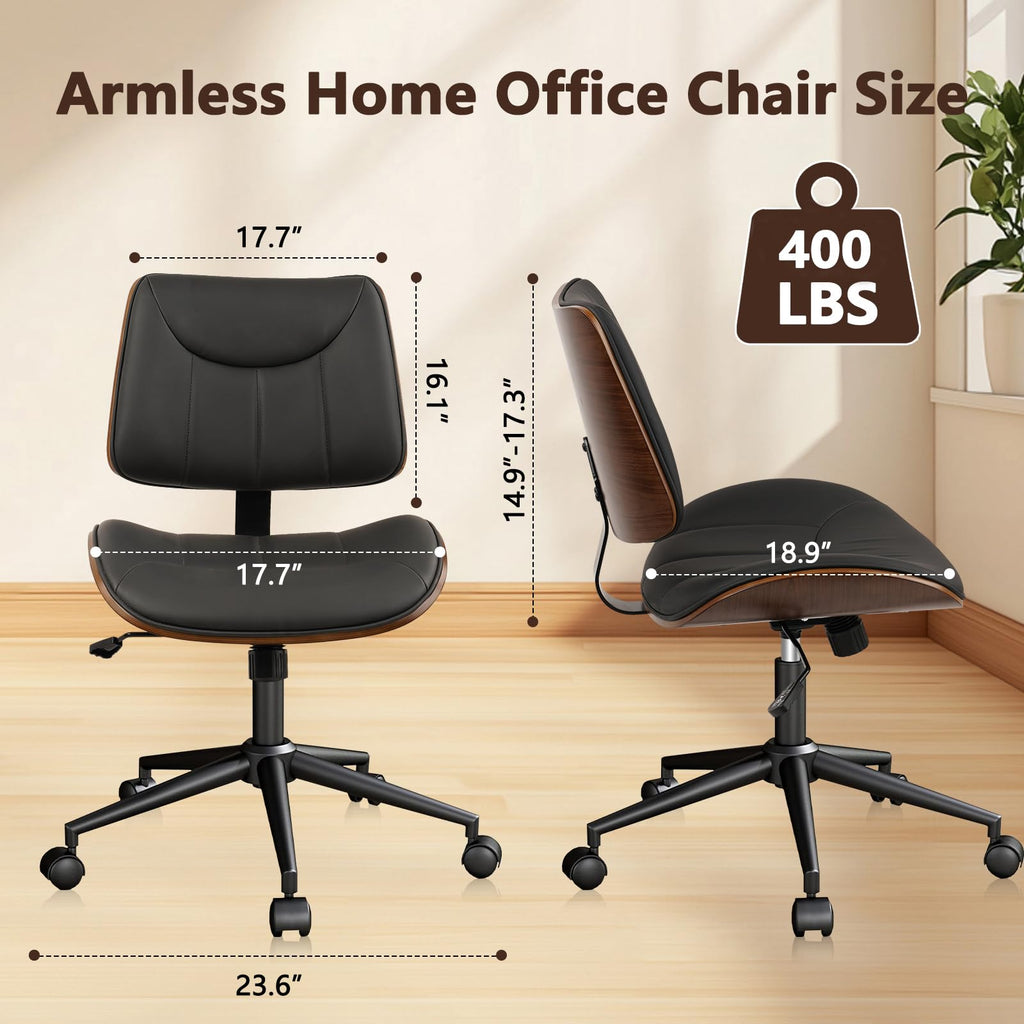 Office Chair Armless with Wheels, Mid-Century Modern Walnut Desk Chair, Adjustable Height Reading Chair, PU Leather Mid Back & Swivel Computer Chairs for Home Meeting Room Bedroom, Black(2 PK)