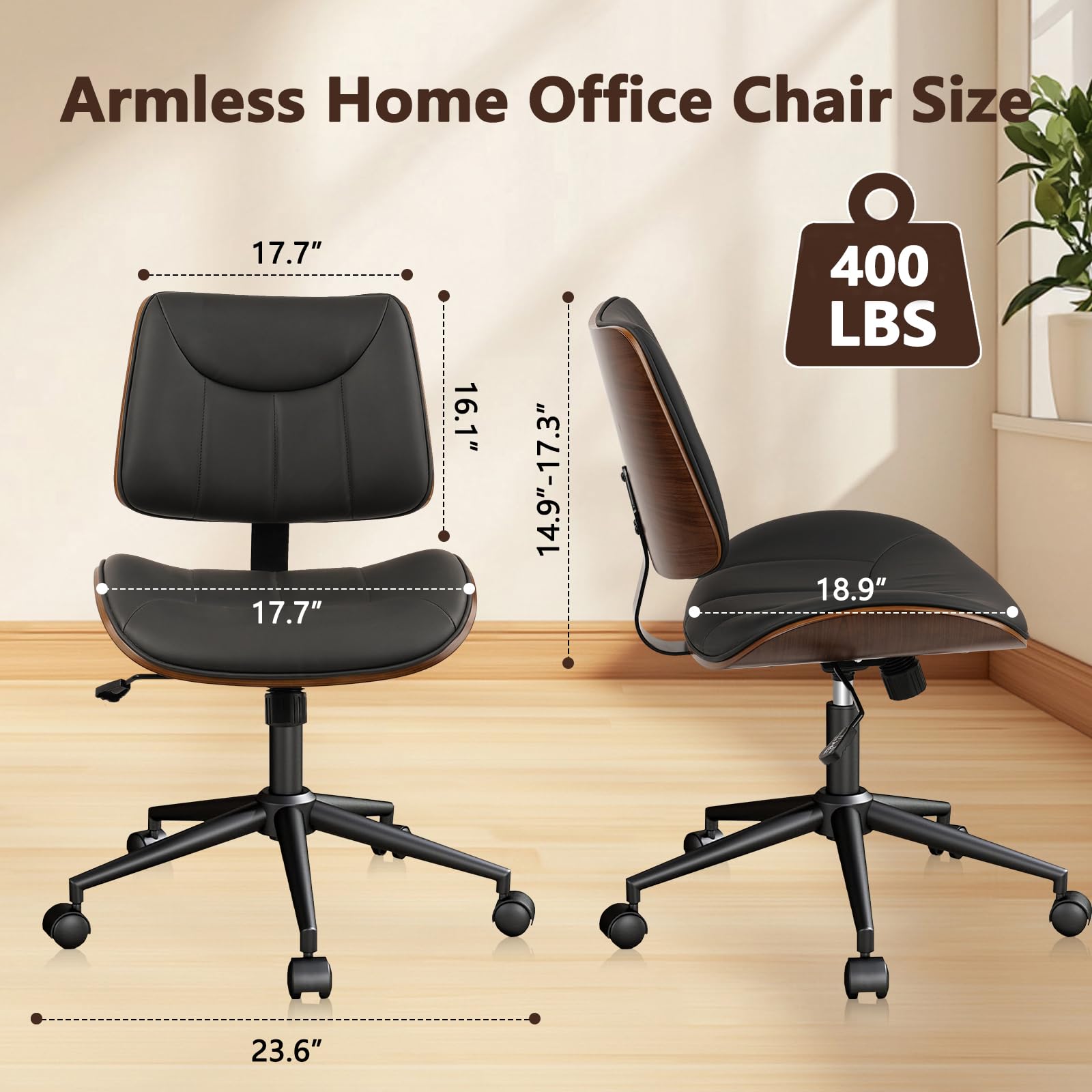 4Pack, Office Chair Armless with Wheels, Mid-Century Modern Walnut Desk Chair, Adjustable Height Reading Chair, PU Leather Mid Back & Swivel Computer Chairs for Home Meeting Room Bedroom, Black