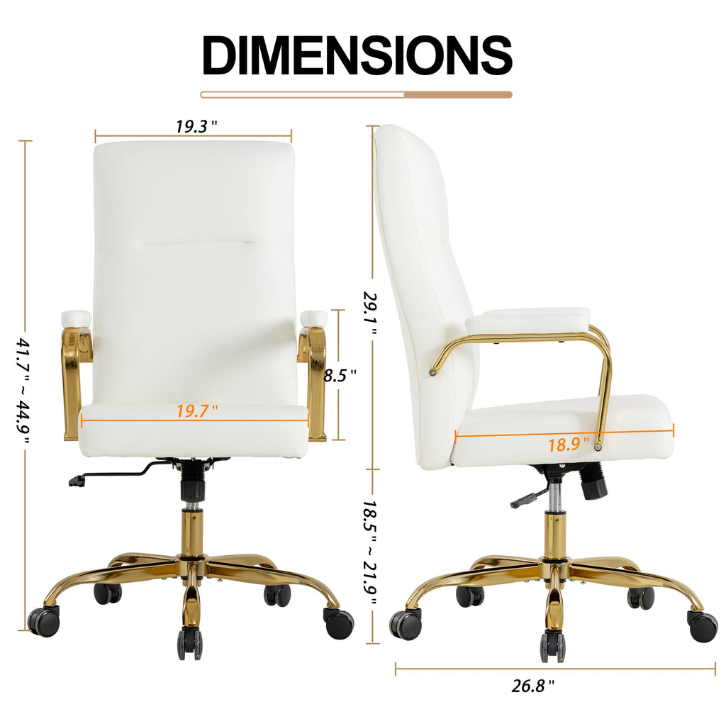 White and Gold Office Desk Chair,Leather Conference Room Chairs with Wheels,Modern High Back Executive Office Chair with Memory Foam,Ergonomic Swivel Computer Chair for Home Office