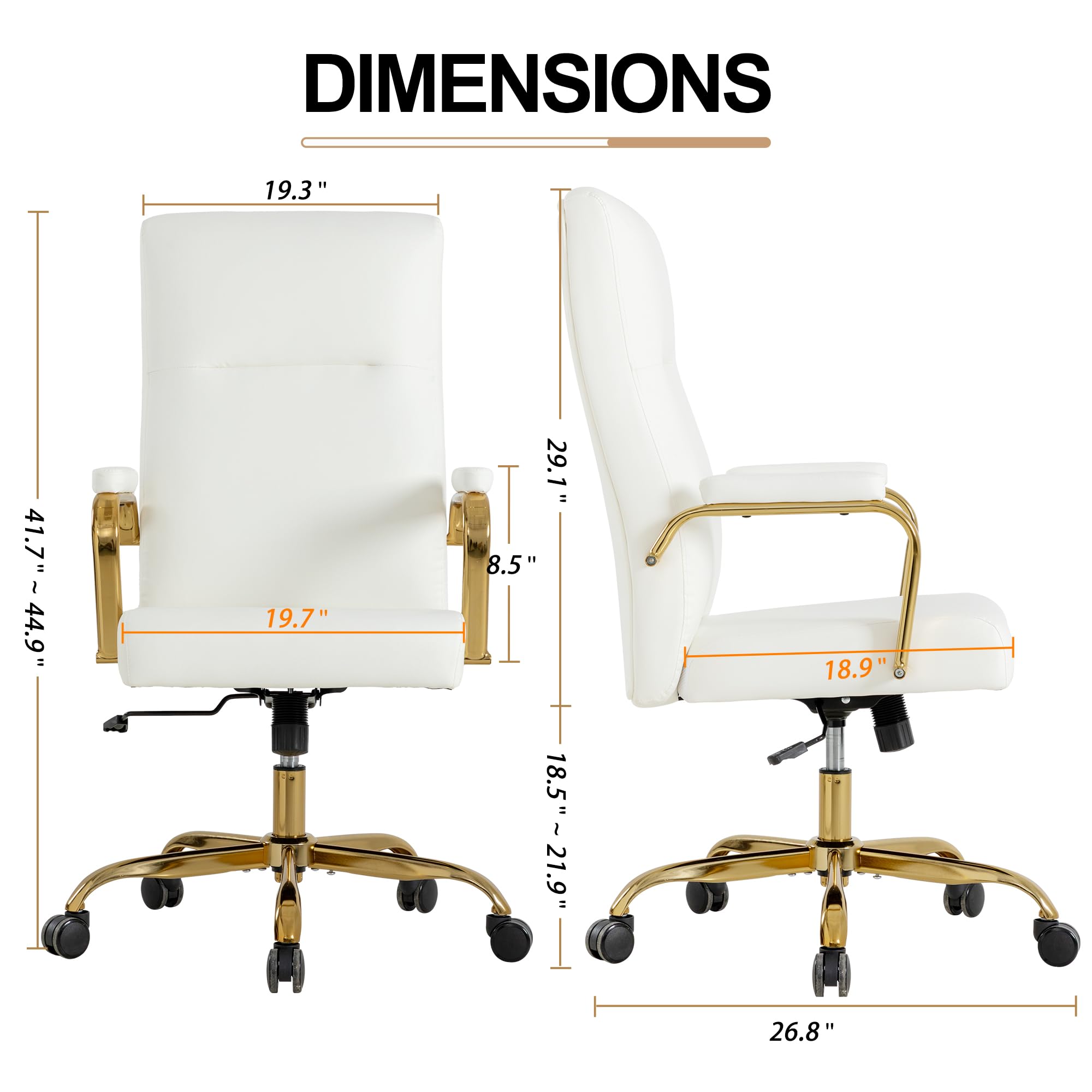 White and Gold Office Desk Chair,Leather Conference Room Chairs with Wheels,Modern High Back Executive Office Chair with Memory Foam,Ergonomic Swivel Computer Chair for Home Office