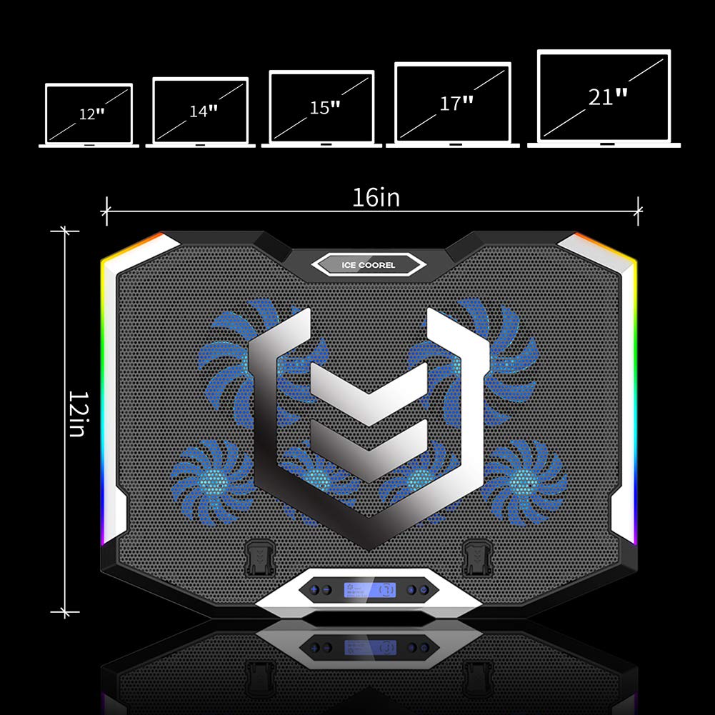 Laptop Cooling Pad 15-17.3 Inch, Laptop Fan with 6 RGB Cooling Fans, Laptop Cooling Stand with 6 Height Adjustable, Laptop Cooler with LCD Screen, 2 USB Ports, Phone Stand