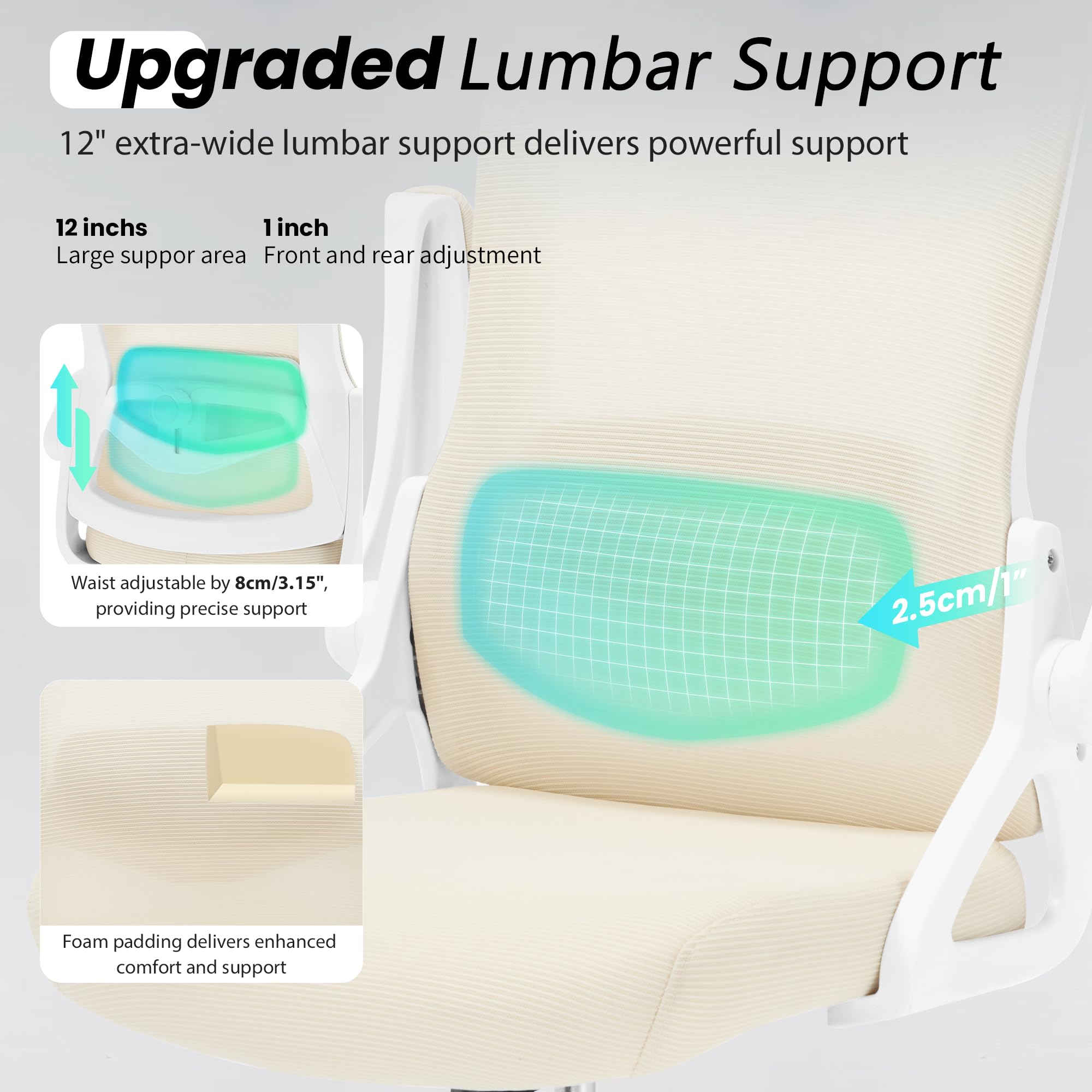 Ergonomic Office Chair, 400 LBS Computer Chairs with Adjustable Lumbar Support, Breathable Mesh Desk Chair Ergonomic with Thickened Cushion, Comfy Home Office Desk Chair (Buff Beige)