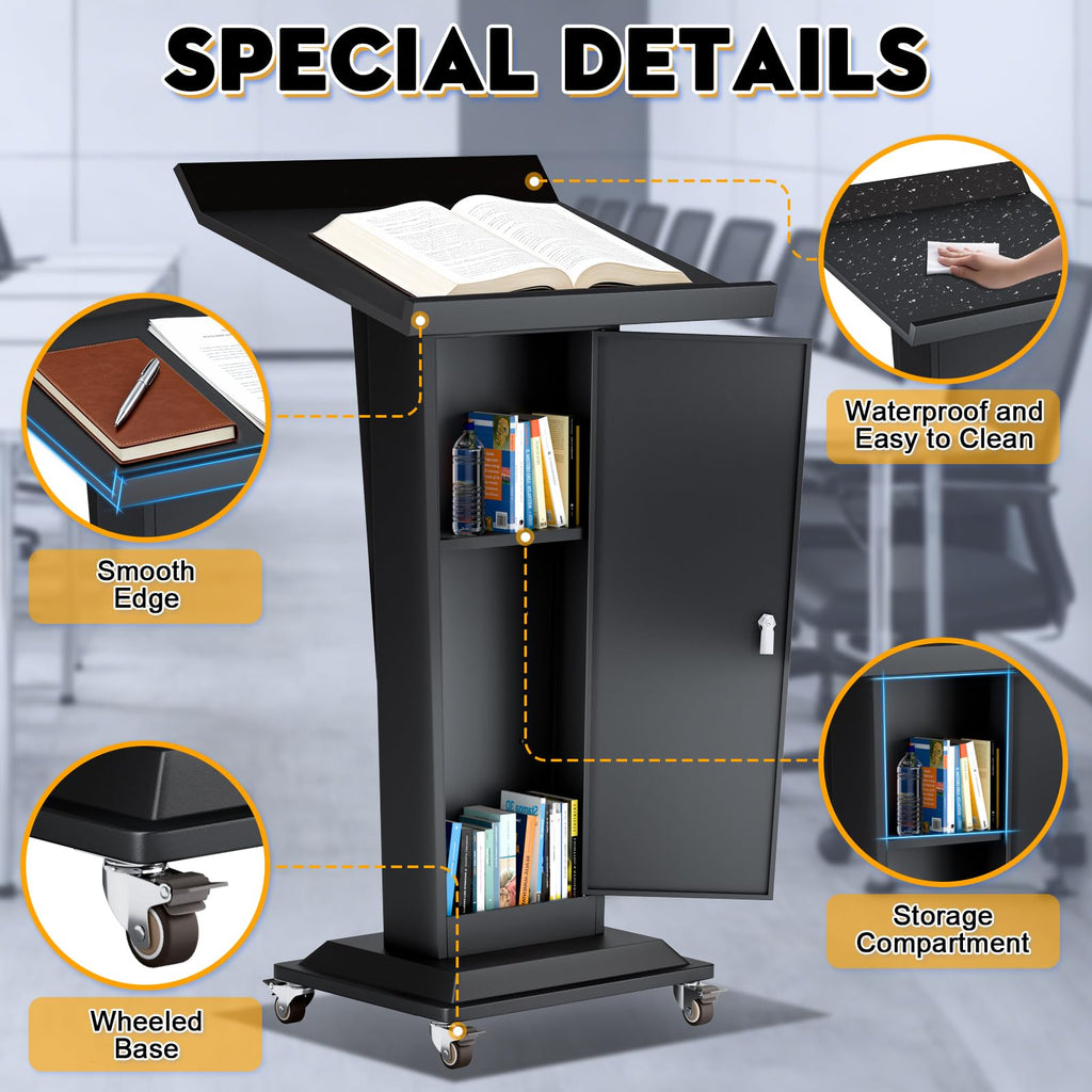 Ultral 45.3IN Podium Lectern with Wheels, Iron Pulpit for Churches Stand with Lockable Double-Layer Storage, Modern Metal Pulpits Lectern for Classroom, Conference, Presentation,Wedding