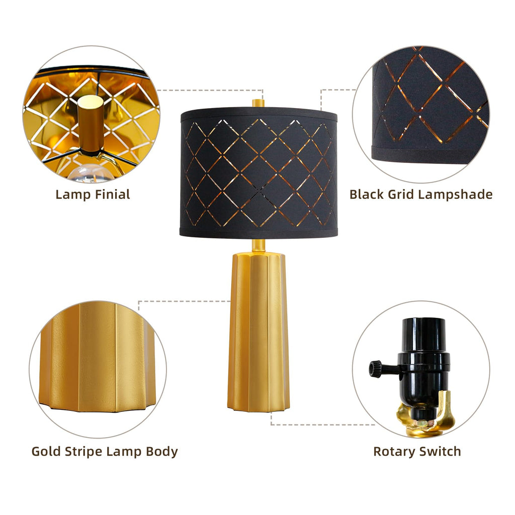 24" Modern Table Lamp for Living Room Bedroom Black Grid Shade