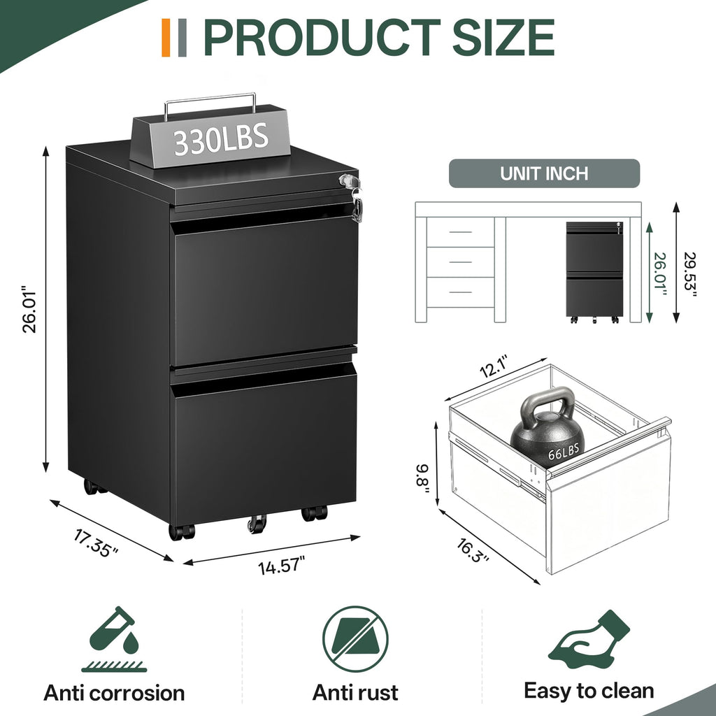 2 Drawer Mobile File Cabinet with Lock, Fully Assembled Except Casters, Under Desk Metal Filing Cabinet for Home Office Organization, Fits Letter/Legal/A4