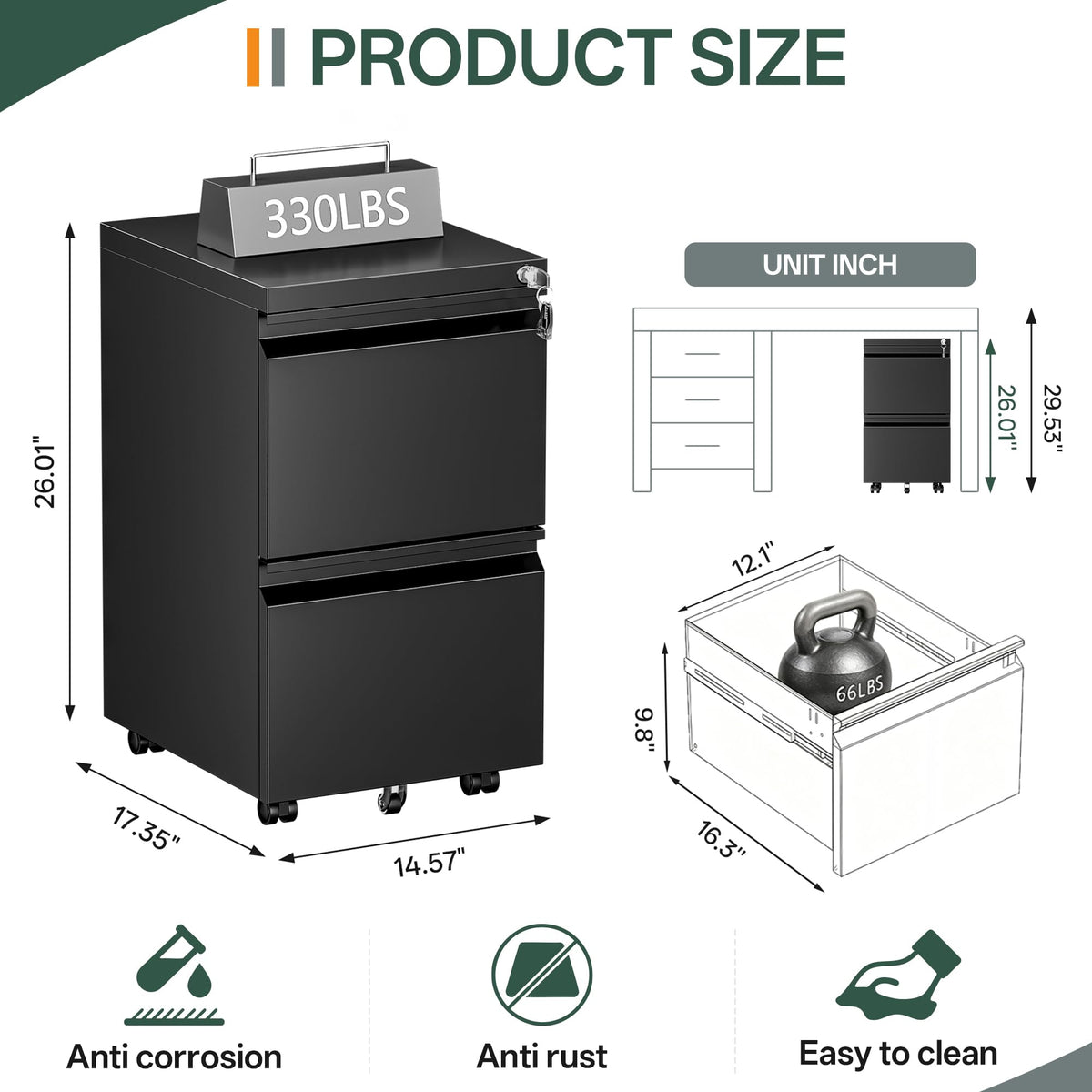2 Drawer Mobile File Cabinet with Lock, Fully Assembled Except Casters, Under Desk Metal Filing Cabinet for Home Office Organization, Fits Letter/Legal/A4