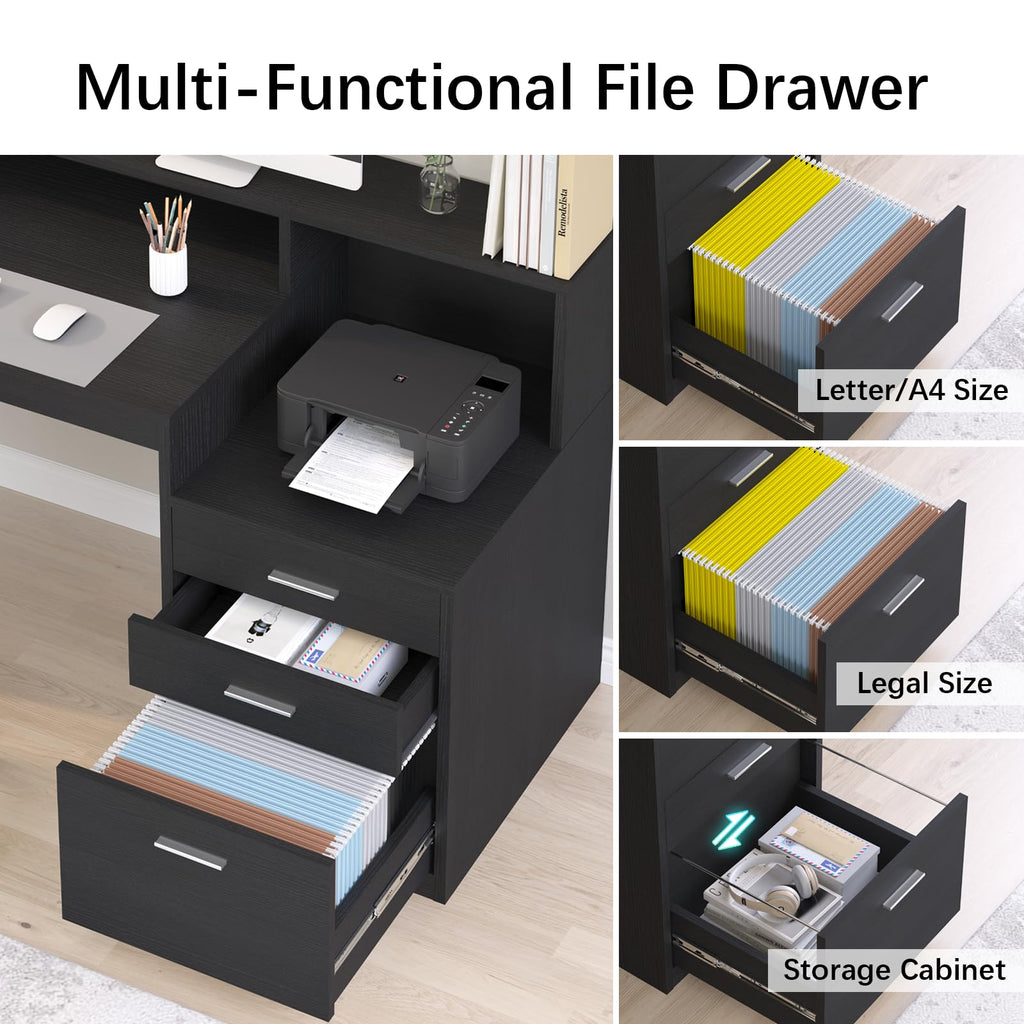 Computer Desk with 3 Drawer & Storage Shelves, Home Office Desk with File Drawer & Cabinet, Writing Study Table with Long Monitor Stand & Printer Shelf, Executive Desk, Black