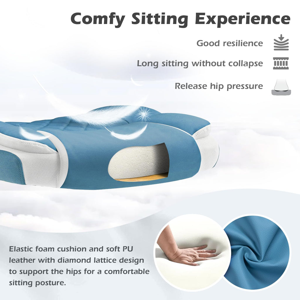 Blue Office Chair Leather Ergonomic Executive Computer Desk Chairs Small Cute Rolling Task Chairs for Teens&Adults
