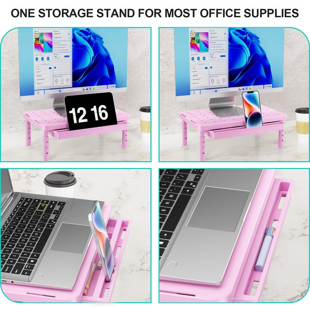 Computer Monitor Stand with Storage, Desk Monitor Riser 3 Height Adjustable, Laptop Riser with Airflow Vents, Desk Organizer for Computer, Laptop, Printer (PTT002-P), 1 Pack, Pink