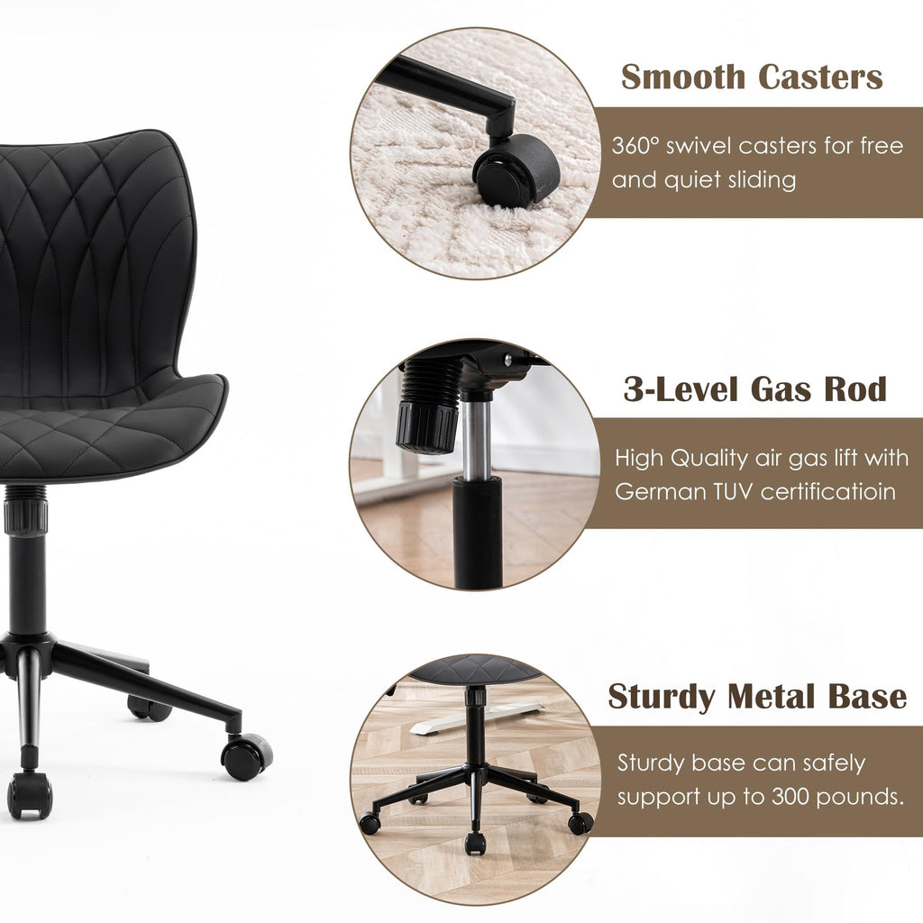Armless Desk Chair Comfy Office Chair with Wheels Home Ergonomic Task Chair Adjustable Computer Chairs Modern Faux Leather Swivel Chair Upholstered Makeup Vanity Chair with Back(Black)