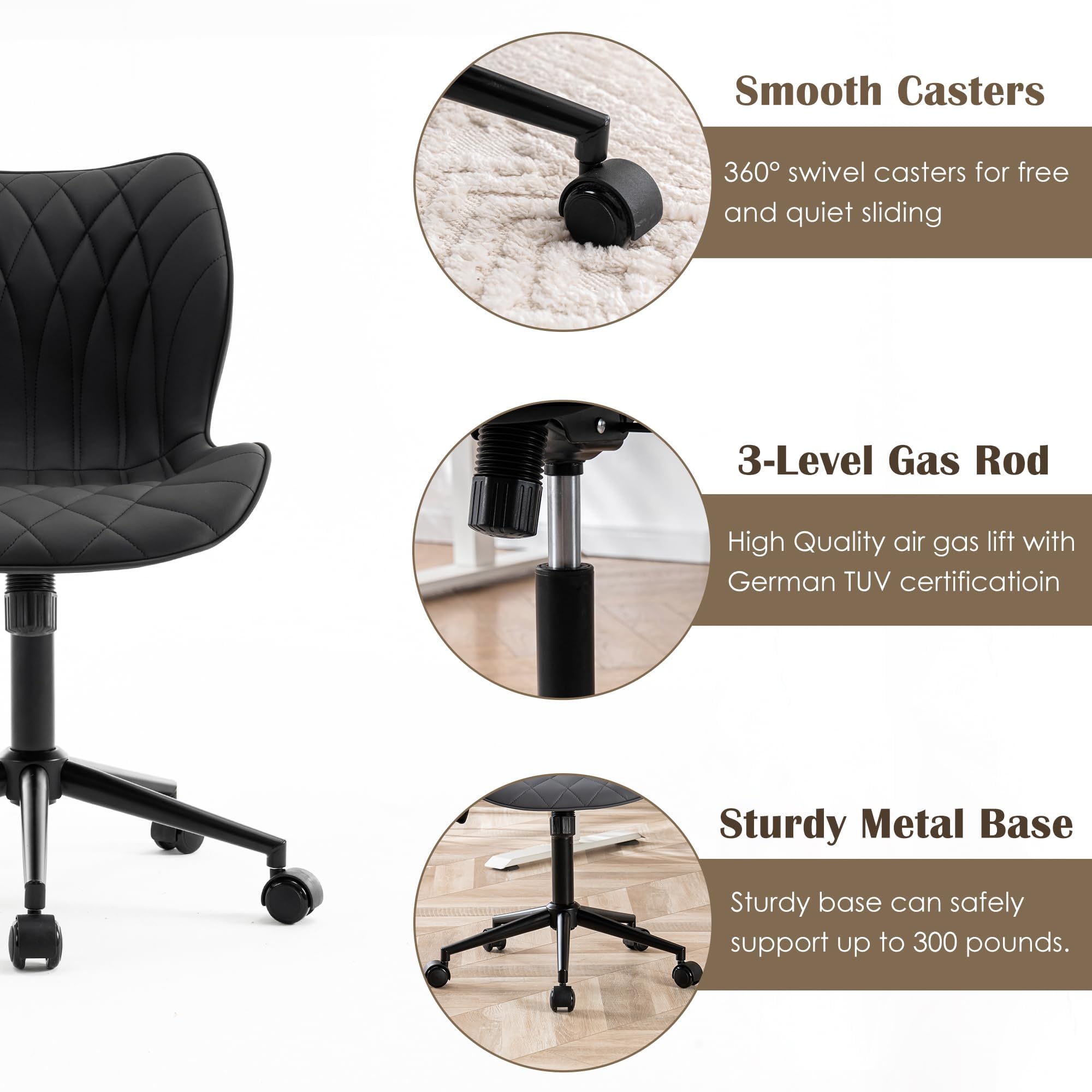 Armless Desk Chair Comfy Office Chair with Wheels Home Ergonomic Task Chair Adjustable Computer Chairs Modern Faux Leather Swivel Chair Upholstered Makeup Vanity Chair with Back(Black)