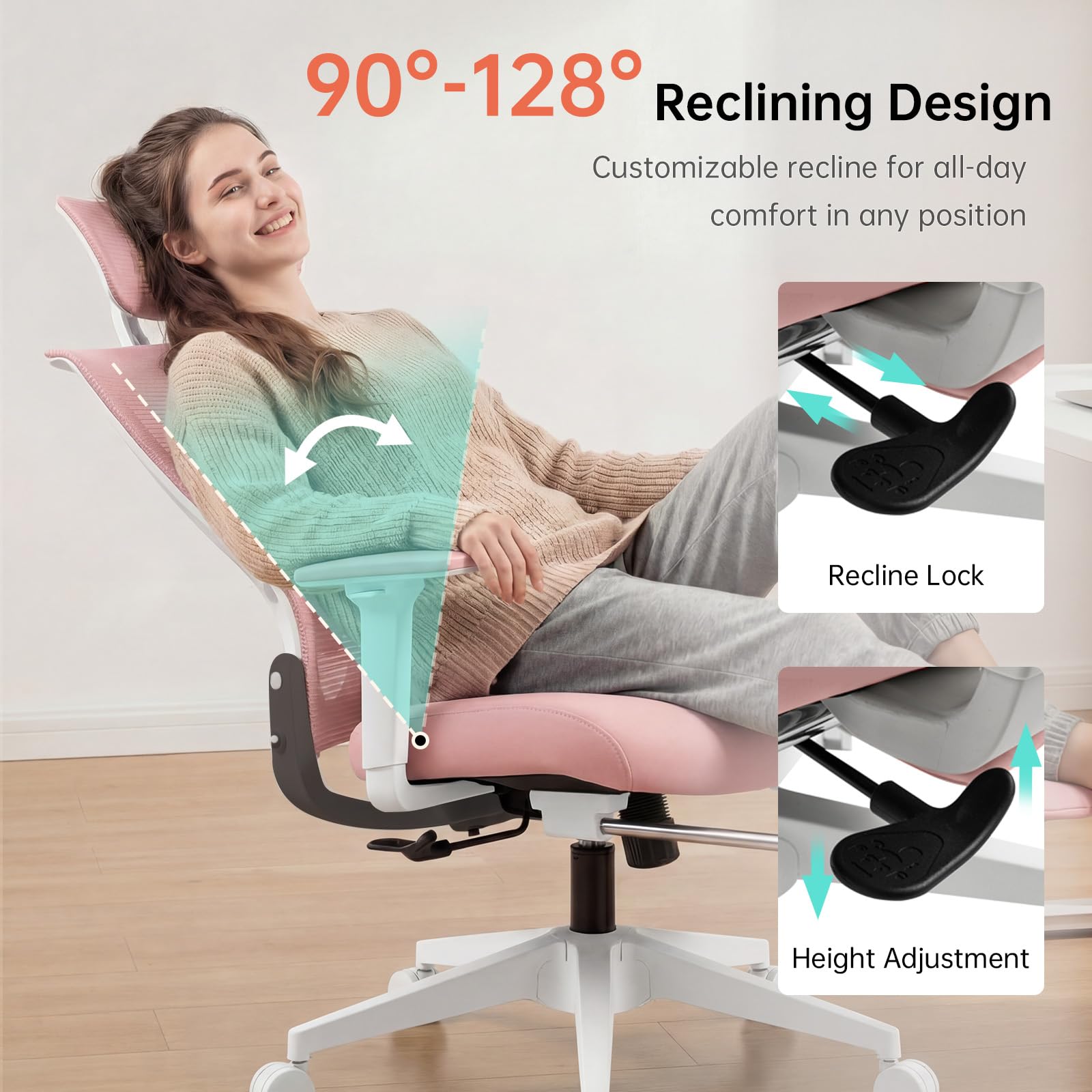 Foldable Office Chair with Foot Rest, Ergonomic Office Chair with Adjustable Lumbar Support, Headrest, Armrest, Home Office Desk Chair for Space Saving, Work from Home, Pink