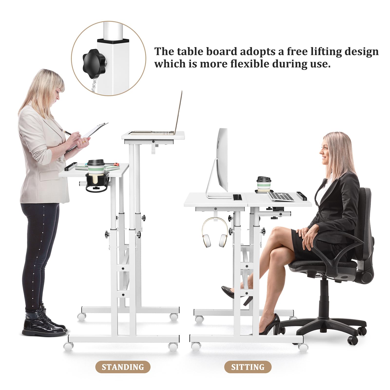 Small Standing Desk with Wheels, Mobile Stand Up Desk, Portable Standing Table on Wheels for Walking Pad, Rolling Computer Desk Adjustable Height, Tall Table