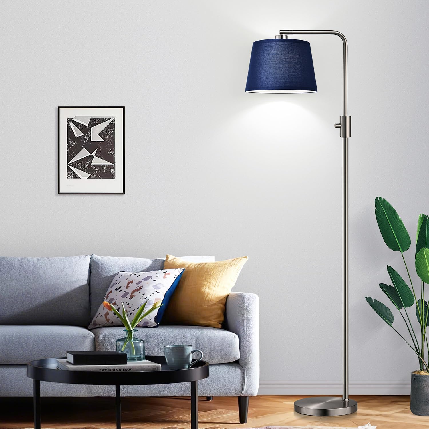 Floor Lamp, 1000 Lumens LED Edison Bulb Included, Brushed Nickel Arc Standing Tall Floor Lamp with Blue Shade for Living Room Bedroom Office Dining Room