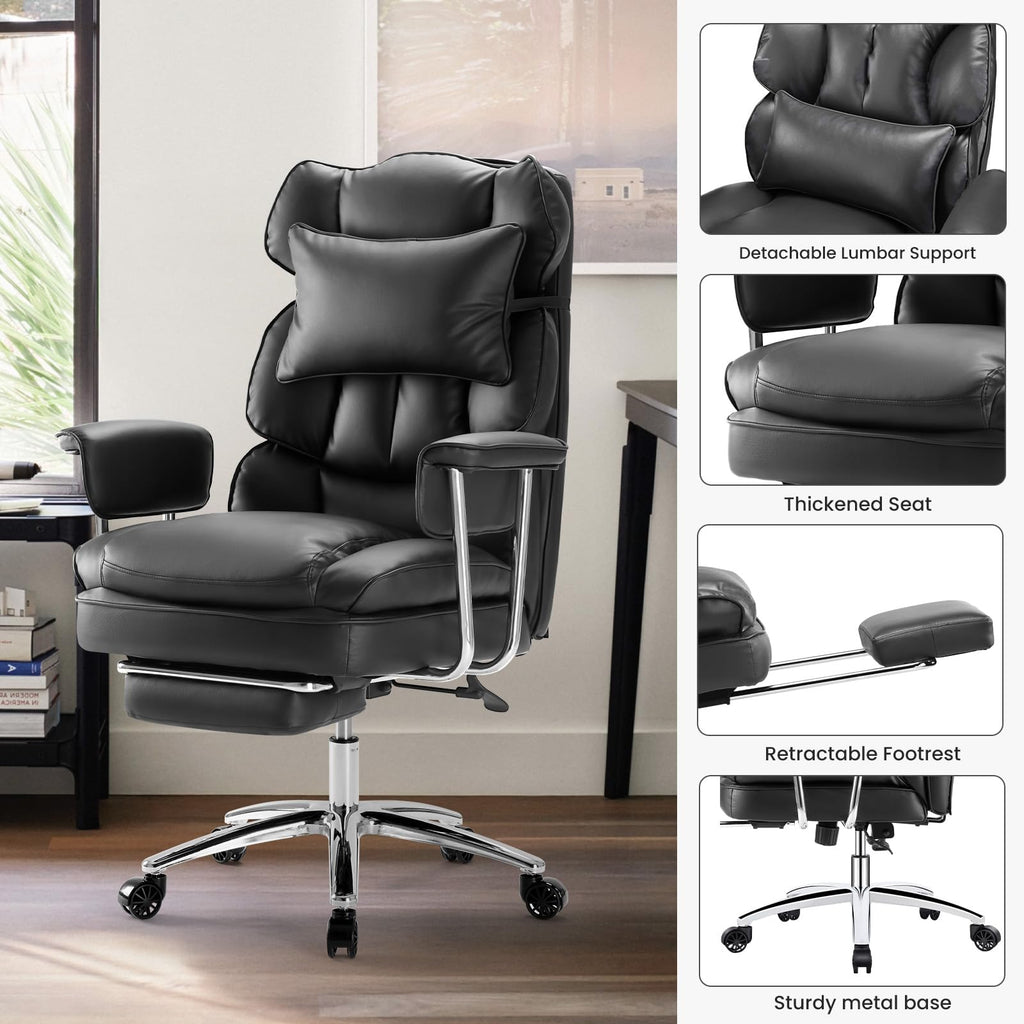 Home Office Desk Chair Comfy with Foot Rest, PU Leather Ergonomic Big and Tall High Back Support, 360° Swivel Wheels, Armrests and Detachable Pillow, Height Adjustable, Inky