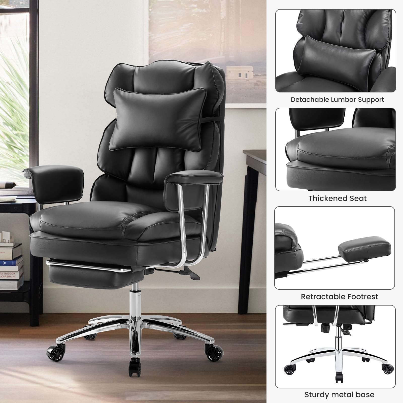 Home Office Desk Chair Comfy with Foot Rest, PU Leather Ergonomic Big and Tall High Back Support, 360° Swivel Wheels, Armrests and Detachable Pillow, Height Adjustable, Inky