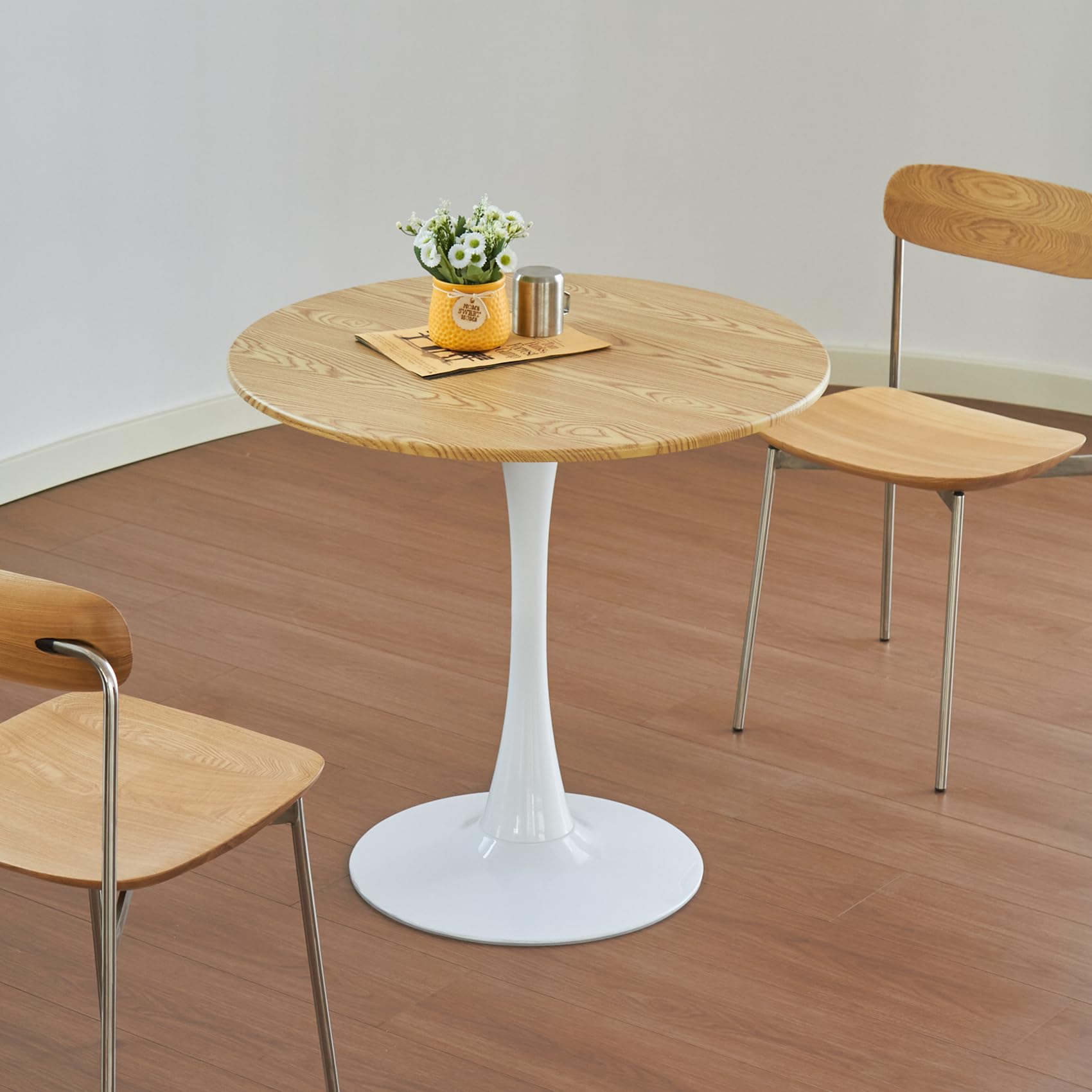 Hansweld Round Dining Table, 24" Circle Tulip Table with Thickened Tabletop & Metal Pedestal, Mid Century Modern Bistro Table for Kitchen, Small Places, Living Room, Cafe (Light Brown)