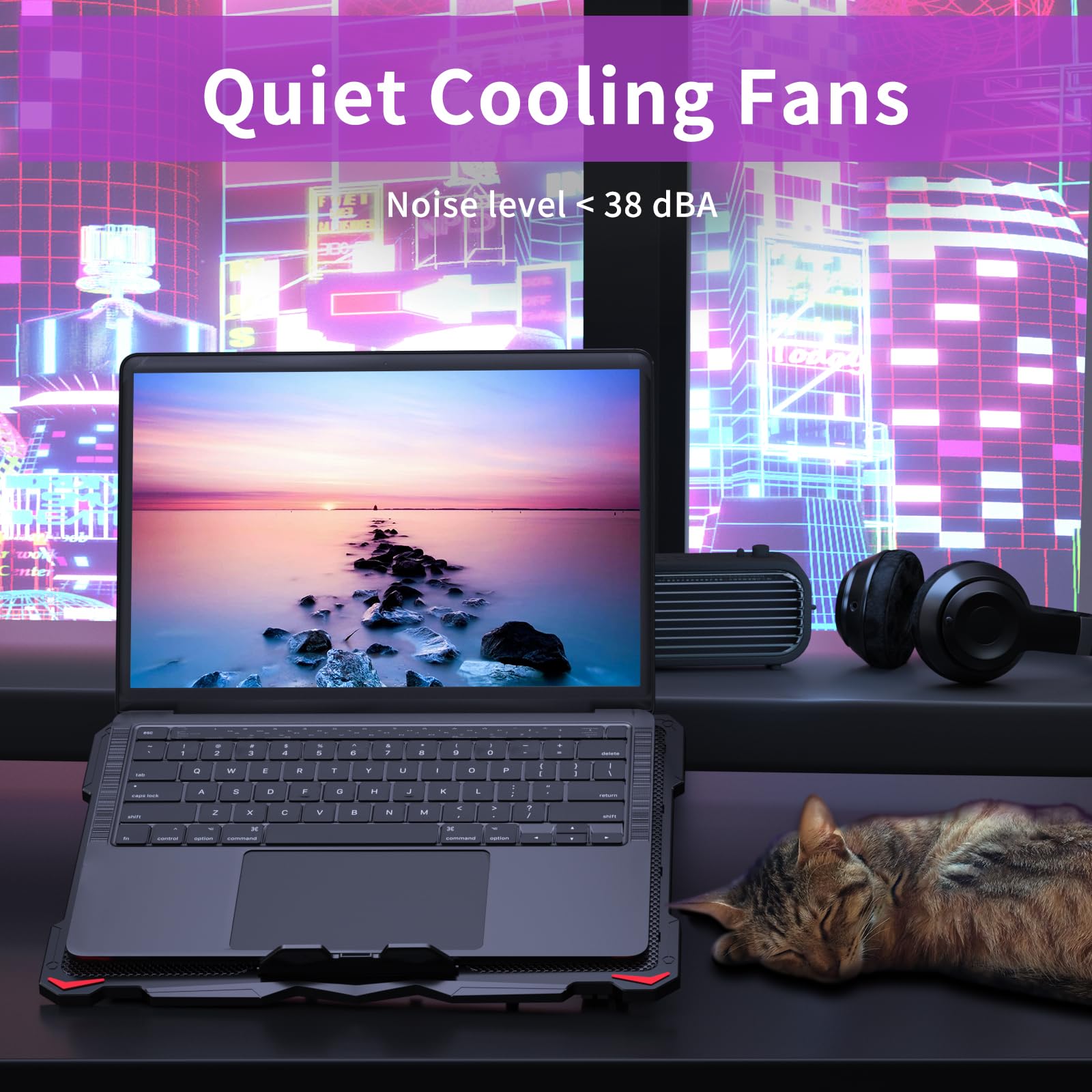 Laptop Cooling Pad for 15.6 to 17.3 Inches PC Notebooks, 5 Fans Computer Cooler Stands with Purple Lights Desk Chiller Mat, S035