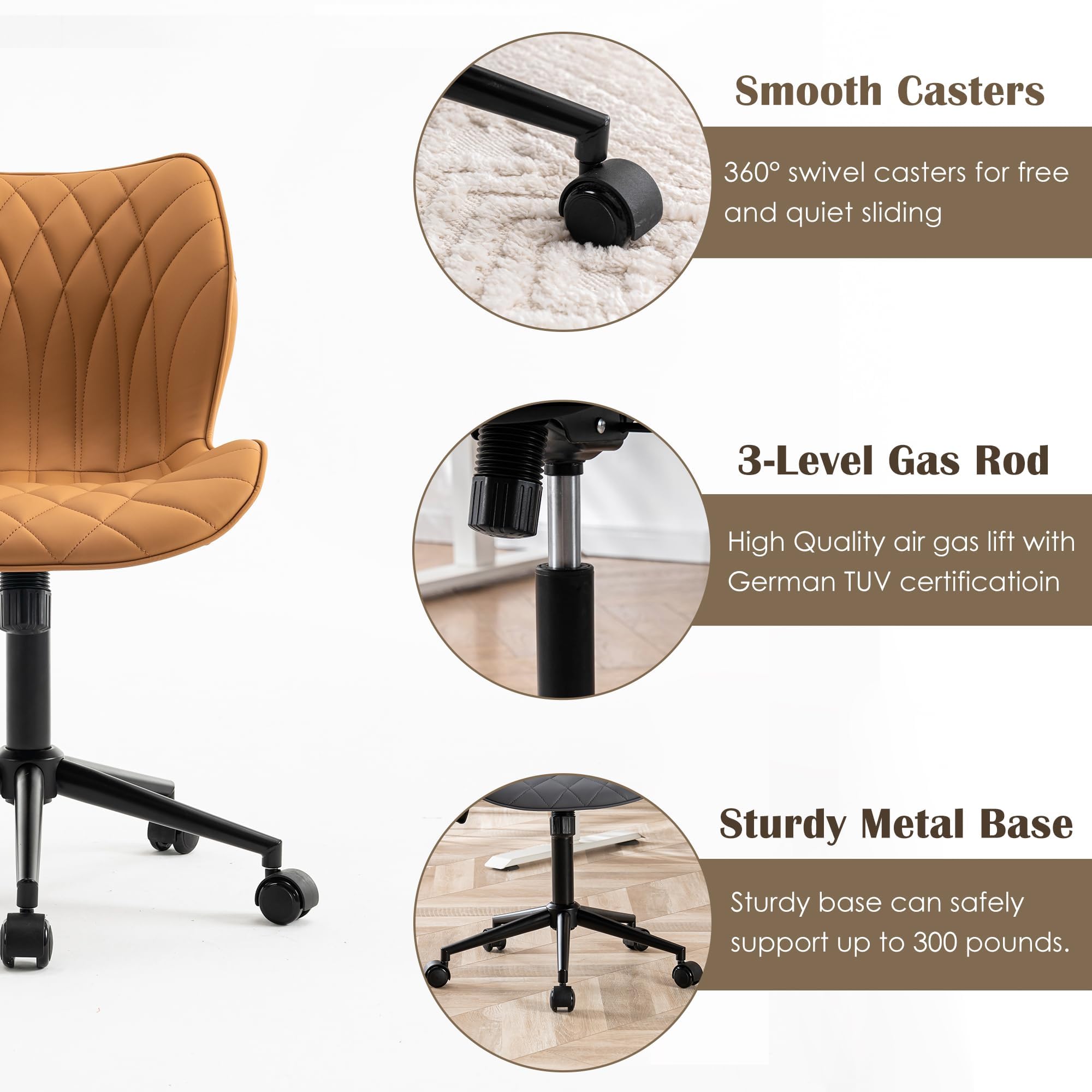 Armless Desk Chair Comfy Office Chair with Wheels Home Ergonomic Task Chair Adjustable Computer Chairs Modern Faux Leather Swivel Chair Upholstered Makeup Vanity Chair with Back(Camel)