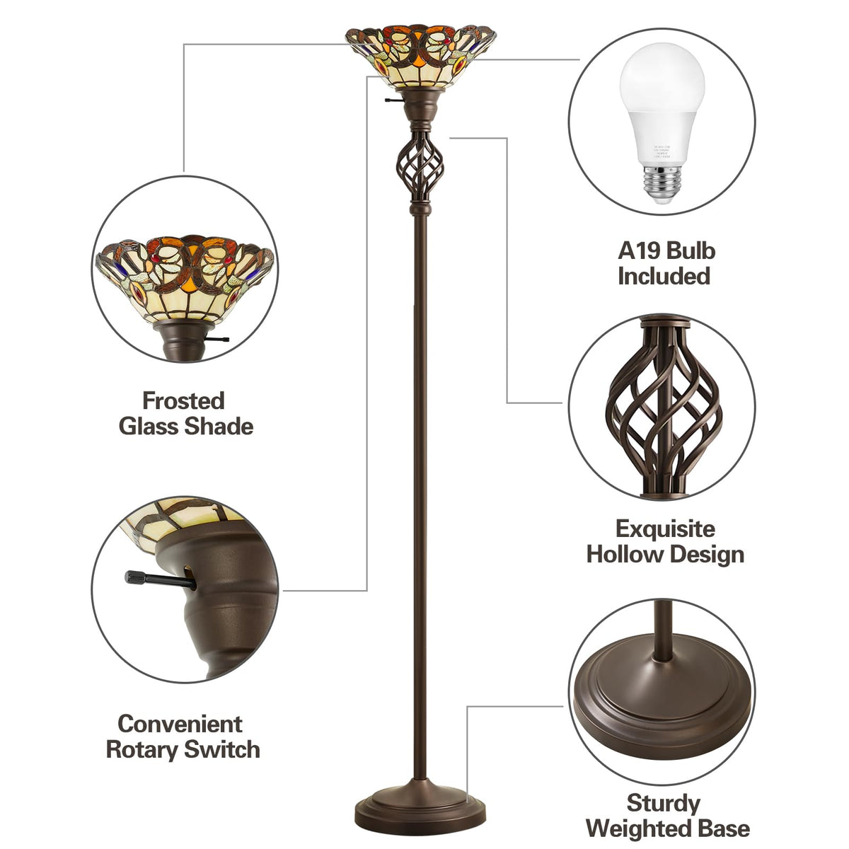Torchiere Floor Lamp for Living Room, Tiffany-Style Reading Light