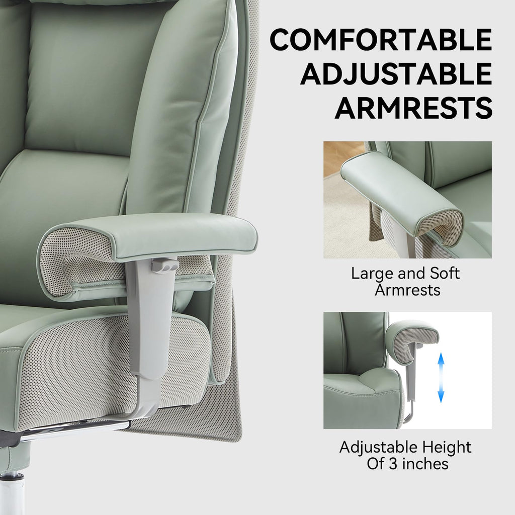 Big and Tall Office Chair 400lbs - Heavy Duty Executive Desk Chair with Foot Rest & 23" Wide Seat - High Back Ergonomic Leather Computer Chair for Heavy People, Home Office, Green