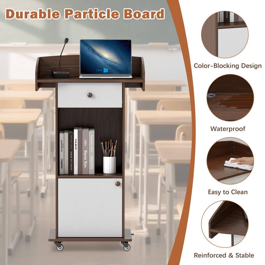 Podium Stand with Metal Wheels Wooden Lectern Podium Stand Portable Pulpit Standing with Storage Mobile Reception Podiums for Church Office School Conference Restaurant Meeting,Brown White