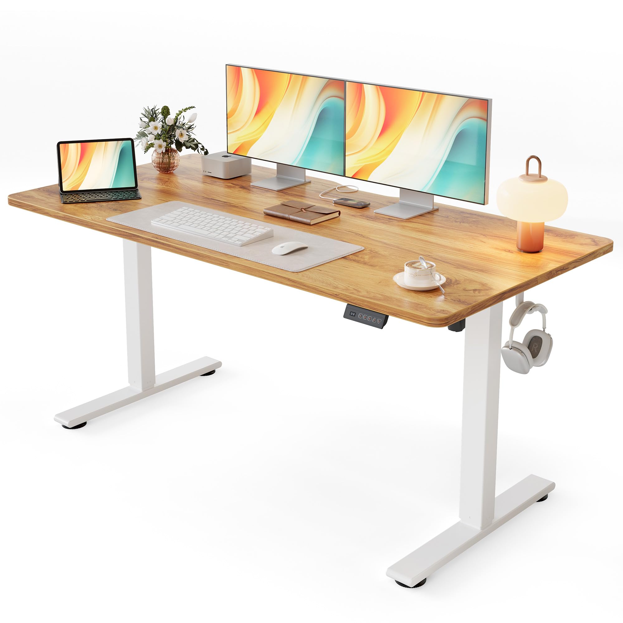 Standing Desk, 55x28 Inches Sit Stand Home Office Desk, Electric Stand up Desk, Adjustable Desk with Splice Board, White Frame/Light Rustic Top
