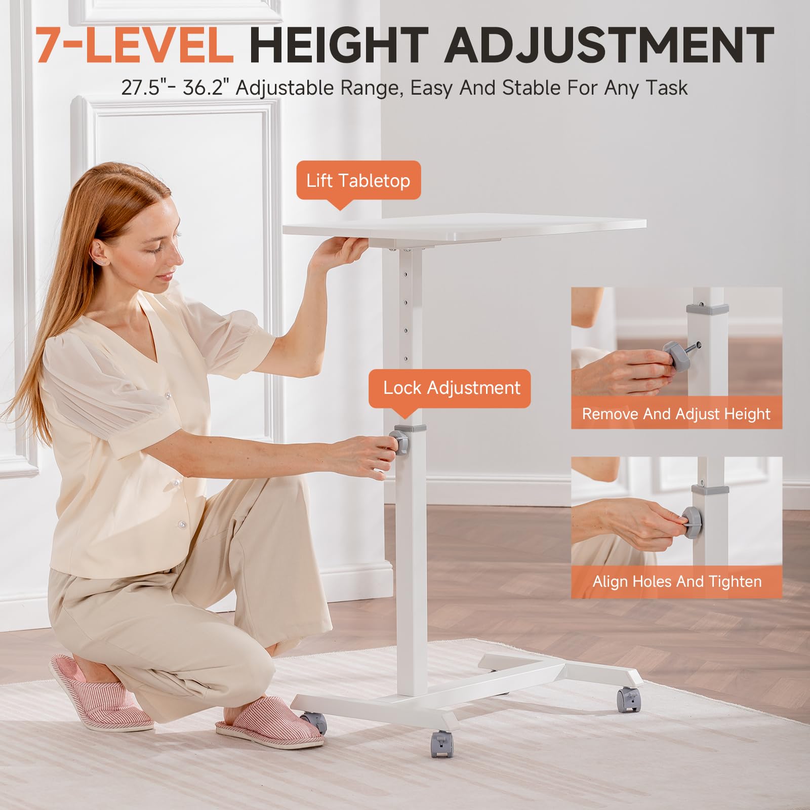 Small Standing Desk, 24 Inches Mobile Rolling Laptop PC Table with Lockable Casters, Adjustable Height Overbed Bedside Table Computer Workstation for Home Office, White-Fixed