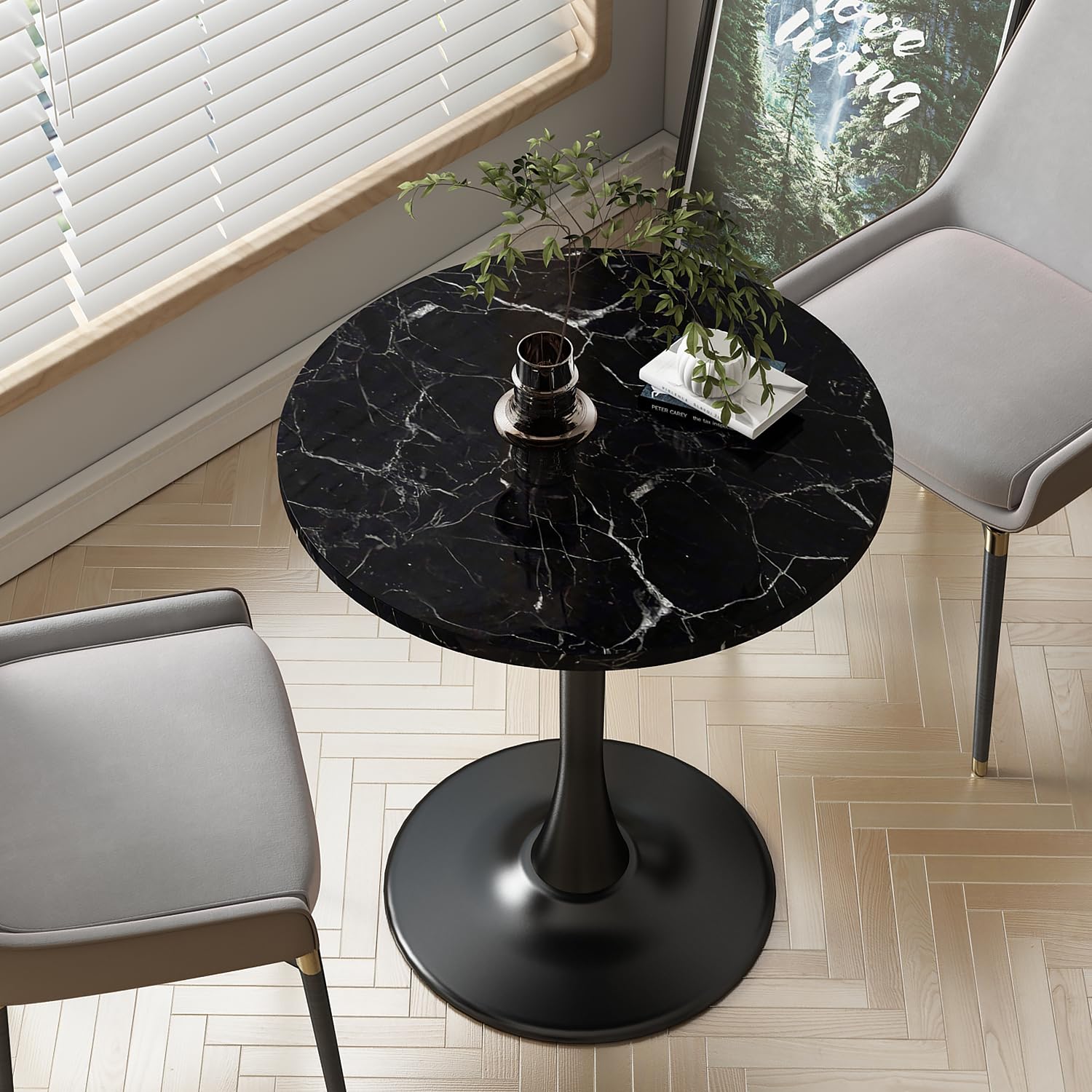 Kasinali Black Marble Round Dining Table 24" Circle Tulip Table with Thickened Tabletop & Sturdy Metal Pedestal Mid Century Modern Leisure Bistro Kitchen Tables 2 People Small Places Living Room Cafe