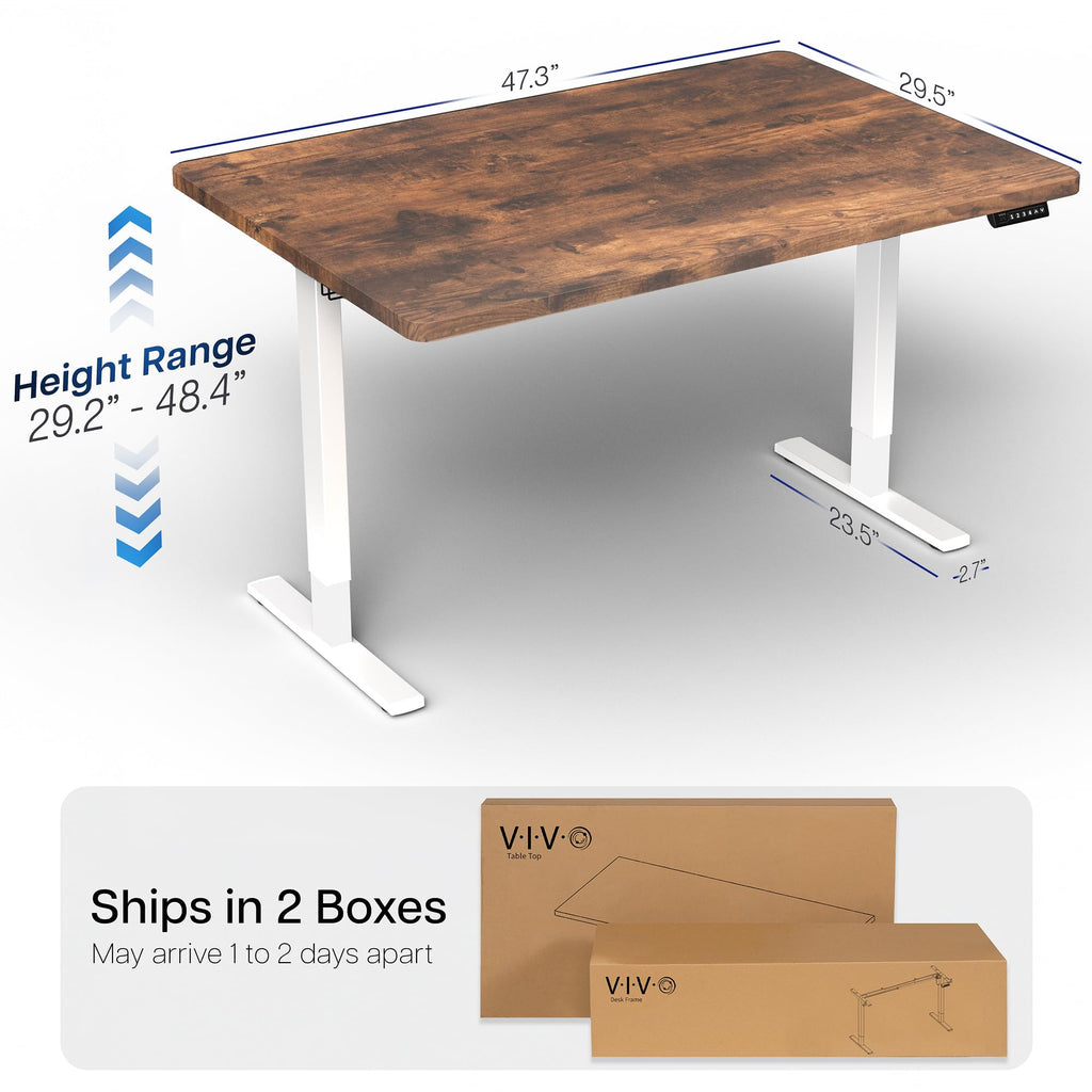 Electric 48 x 30 in Rustic Standing Desk, Memory Height Adjustment, 1B Series, Holds 220 lbs, One-Piece Vintage Brown Top, White Frame