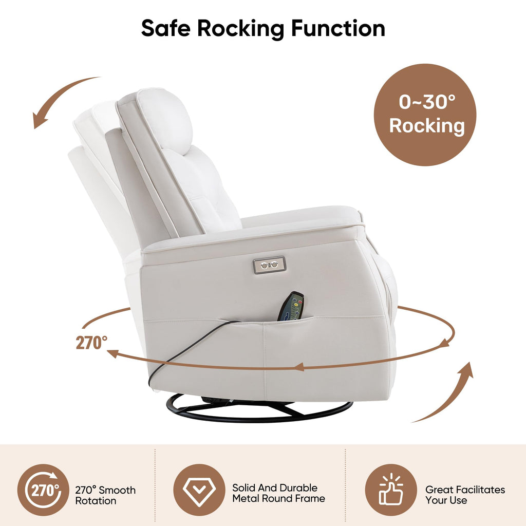 Recliner Chair for Adults, Power Faux Leather Rocker Recliner Massage and Heat, Oversized Swivel Reclining Nursery Chair with USB Ports for Living Room, Office Beige