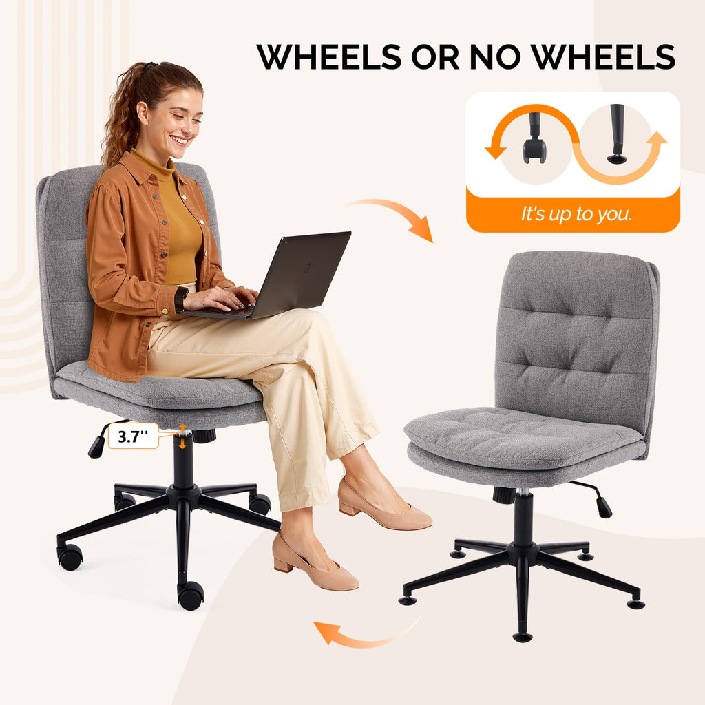 Mid Back Armless Office Desk Chair with Wheels/no Wheels,360°Rocking Swivel Vanity Chair with Thickened Cushion,Adjustable Height Rolling for Reading Room, Make up, Linen Dark Grey