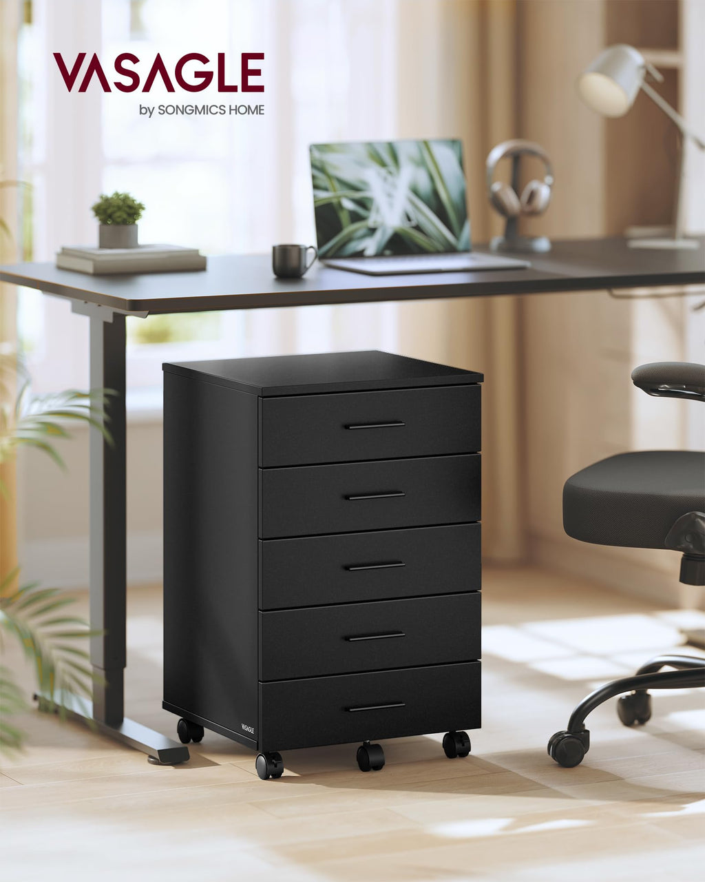 File Cabinet, Mobile Pedestal Filing Cabinet with Wheels, Printer Stand with 5 Drawers, Tool-Free Sliding Rails, for Study, Home Office, Ink Black