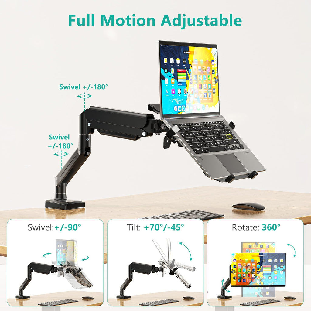 Single Arm Laptop and Monitor Desk Mount for 17" Notebook and Up to 32" Screen, 2-in-1 Adjustable Monitor Arm with Laptop Tray, VESA 75x75 100x100,Holds 22-26.4 lbs, Black