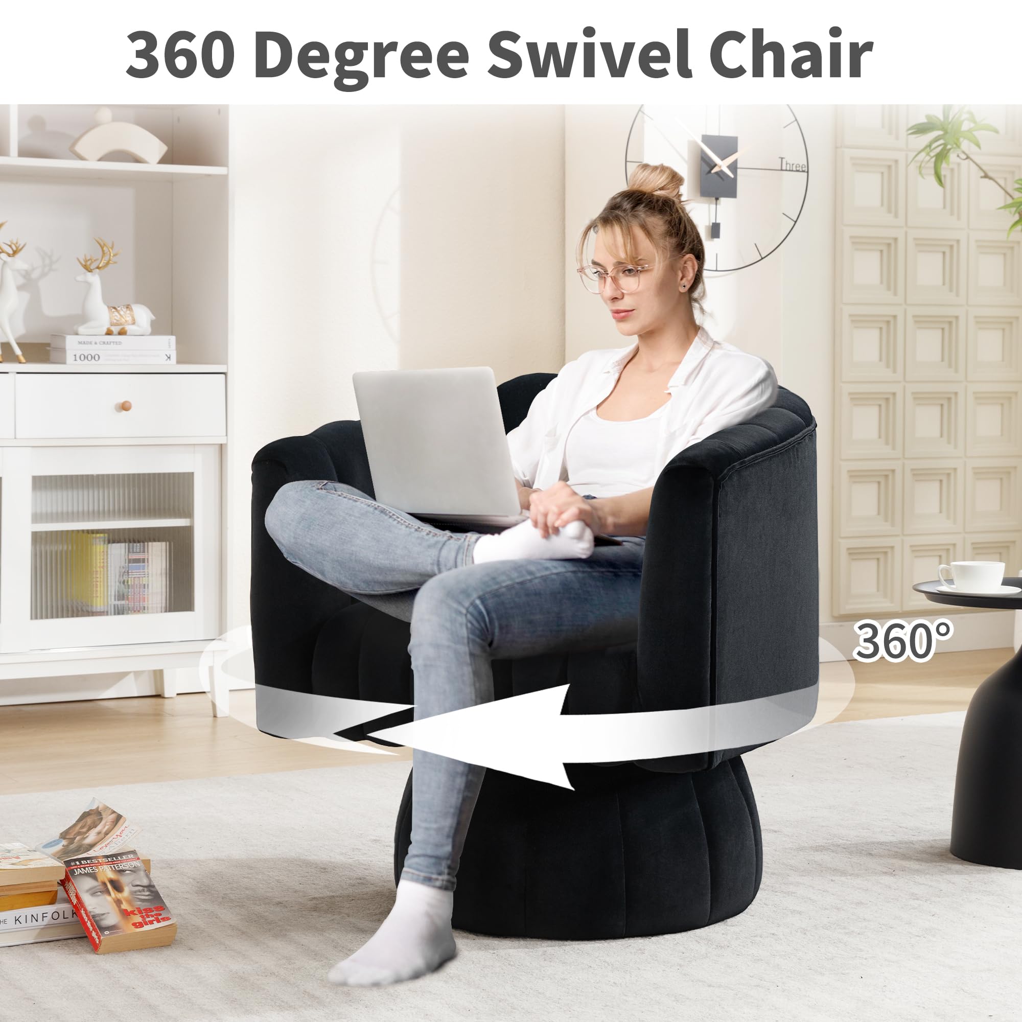 Swivel Accent Barrel Round Chair - Comfy 360° Arm Chairs Cute Small Sofa Club Velvet Reading Chair for Office Living Room Bedroom - Black