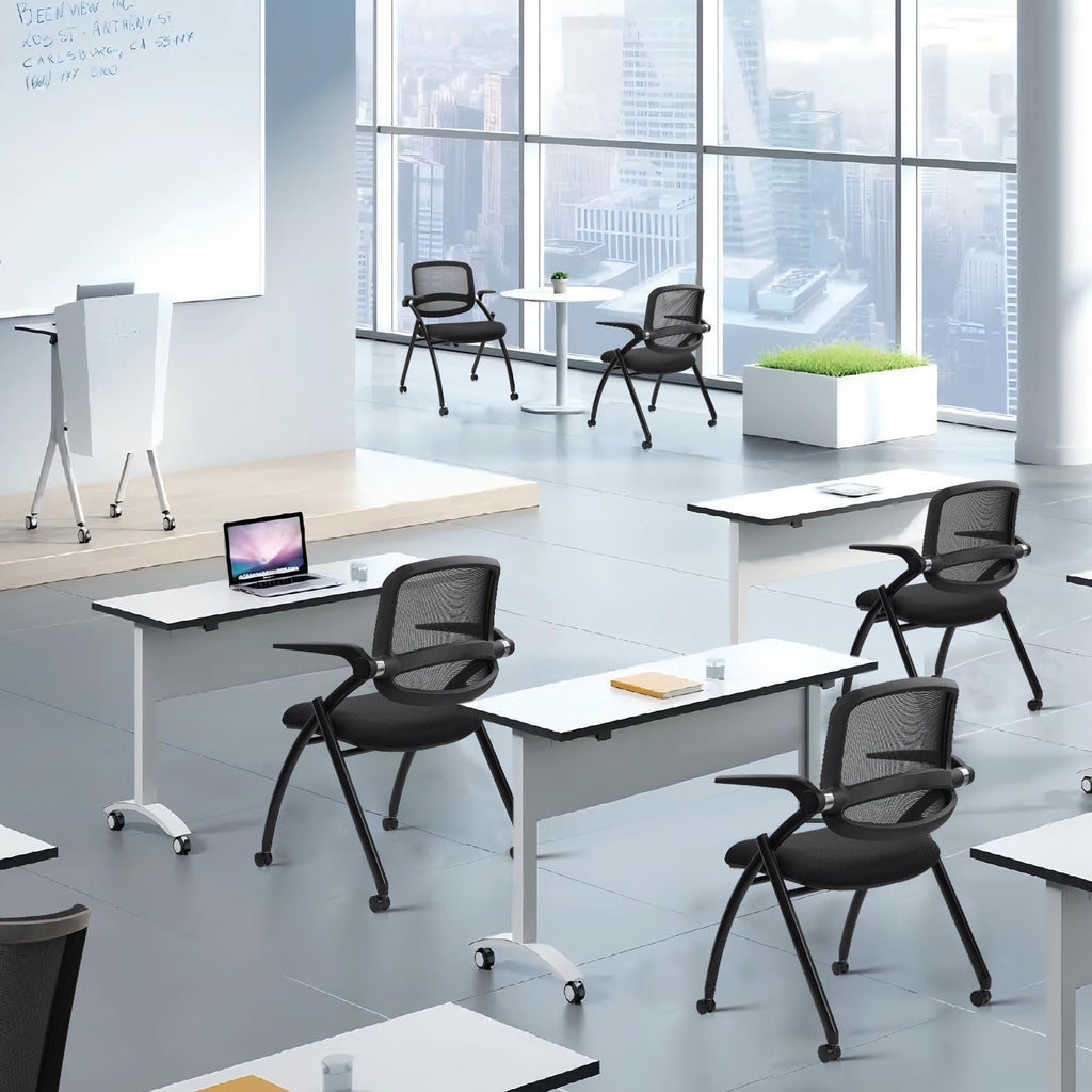 40 Pack, Stackable & Foldable Chairs with Flip Up Armrests, Reception Guest Chairs with Wheels, Ergonomic Curved Mesh Back Folding Chair for Office Meeting Schools Conference Waiting Room
