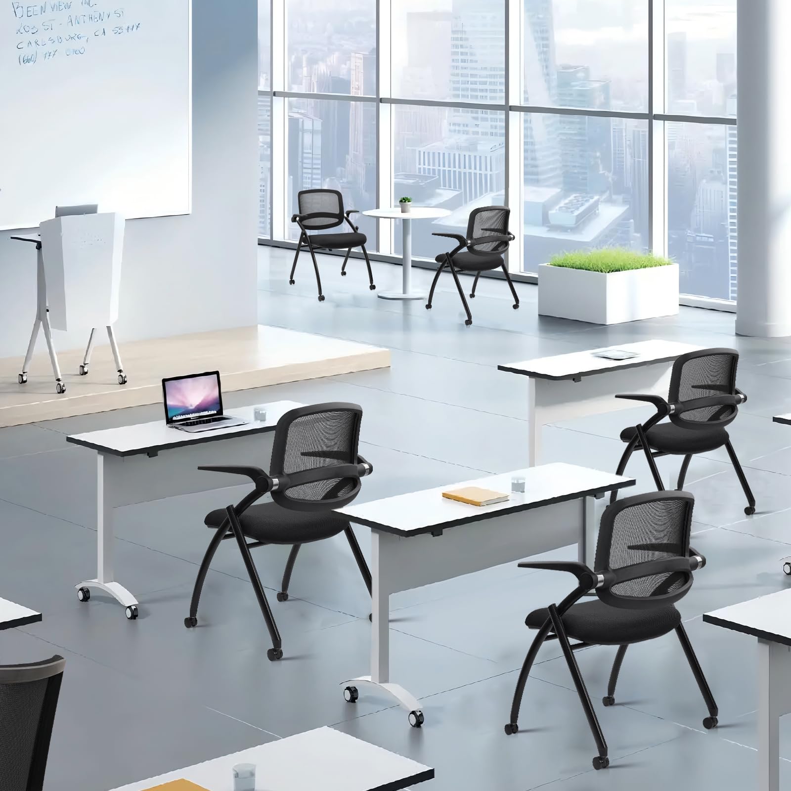 (2pk) Stackable & Foldable Chairs with Flip Up Armrests, Reception Guest Chairs with Wheels, Ergonomic Curved Mesh Back Folding Chair for Office Meeting Schools Conference Waiting Room