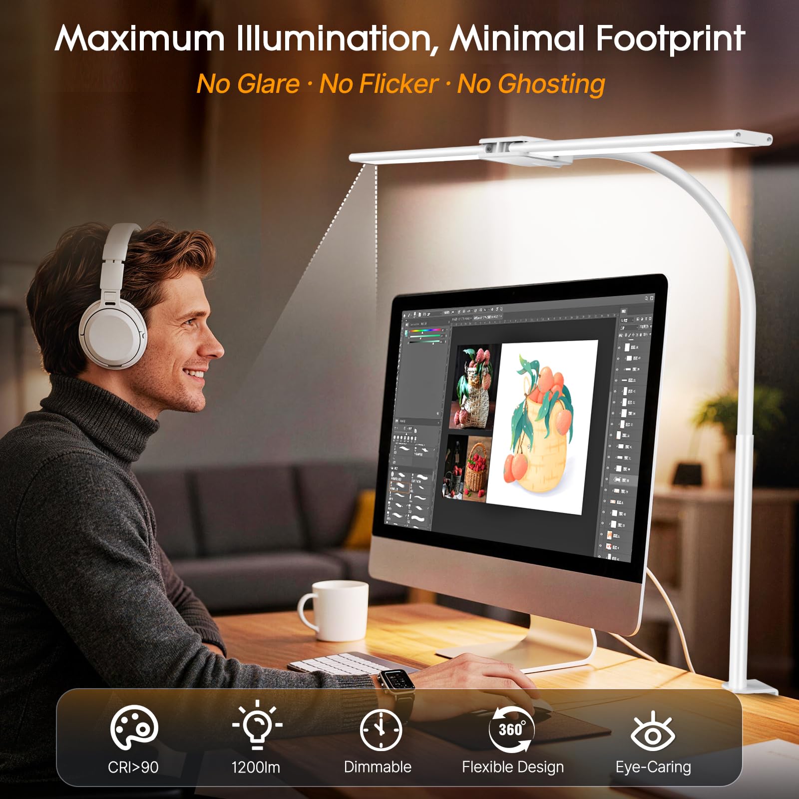 LED Desk Lamp, Dual Head Desk Light with Clamp, 50 Lighting Modes Eye-Caring Table Lamp, Flexible Gooseneck Task Light with Motion Sensor, Wired Control, Timer & Memory Function for Office