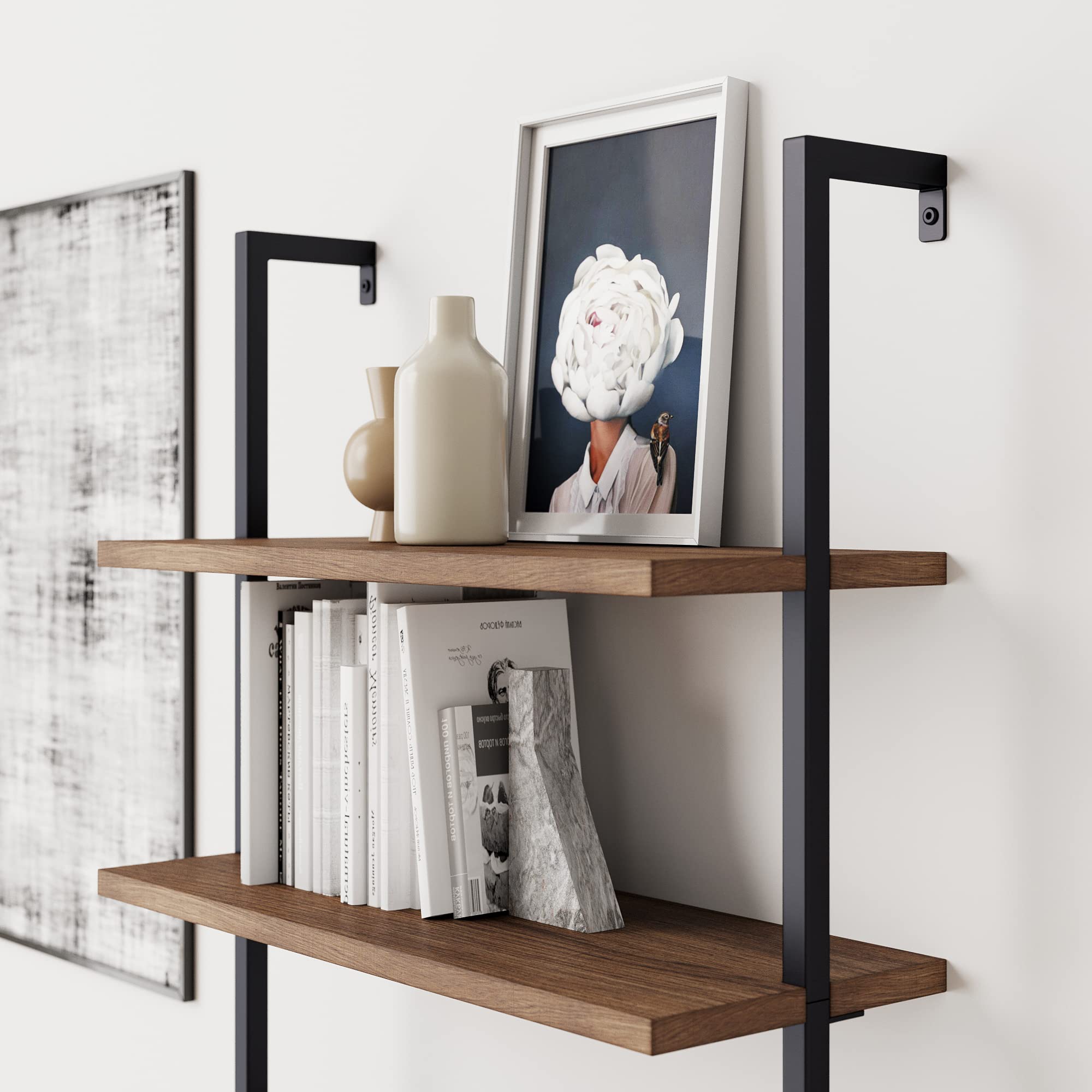 6-Shelf Tall Bookcase, Wall Mount Bookshelf with Reclaimed Wood and Industrial Metal Frame, Oak/Black