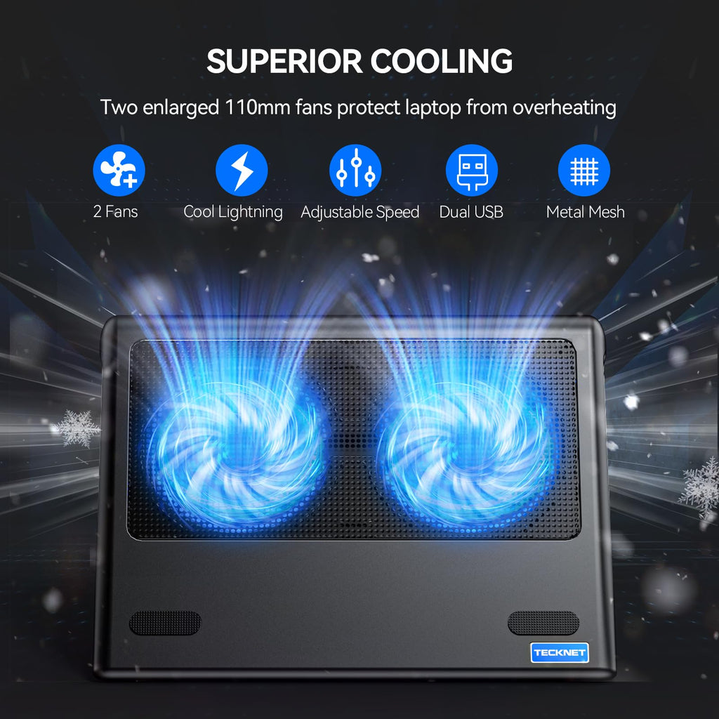 Laptop Cooling Pad - 12"-15.6" Laptops Cooler, Powerful Cooler and Ultra Quiet for Gaming Laptops Pad, 2 Wind Speed Adjustable, USB A & C Powered Cooler Stand with Laptop Fan LED (Blue)