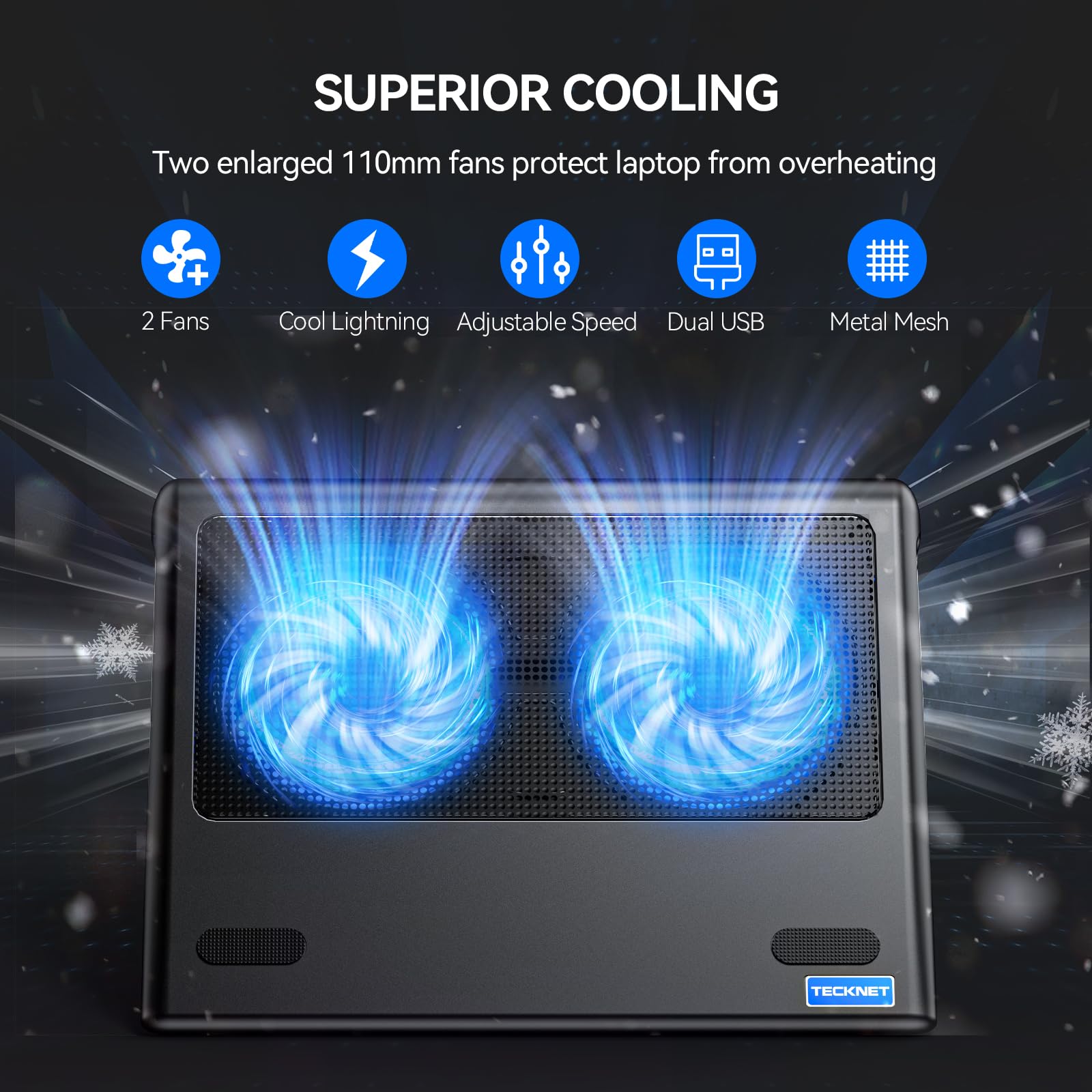 Laptop Cooling Pad - 12"-15.6" Laptops Cooler, Powerful Cooler and Ultra Quiet for Gaming Laptops Pad, 2 Wind Speed Adjustable, USB A & C Powered Cooler Stand with Laptop Fan LED (Blue)
