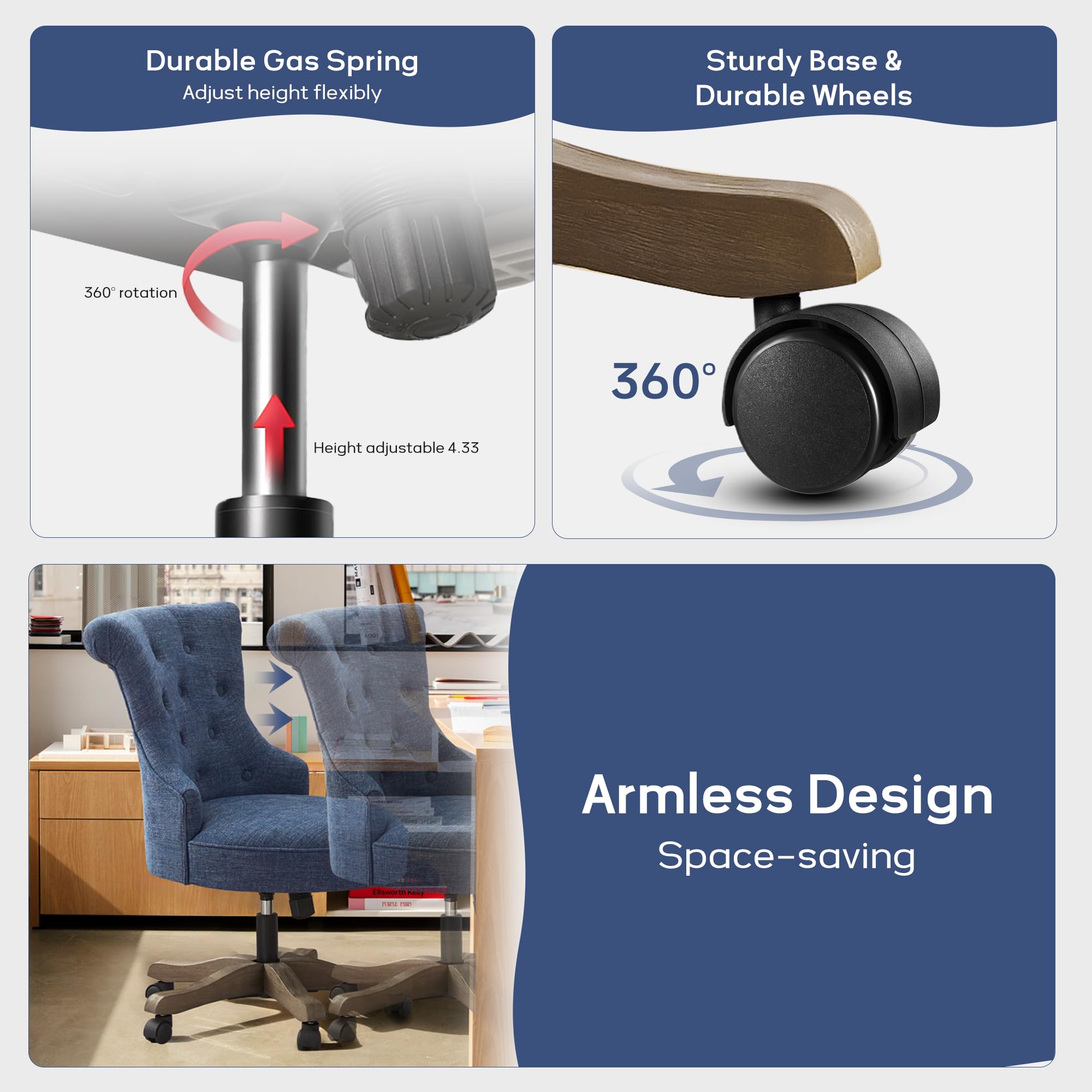 Home Office Chair Upholstered Armless Desk Chair with Wheels Adjustable Height Computer Desk Chair with Wooden Legs Linen Comfortable Swivel for Farmhouse Study Studio (Blue)